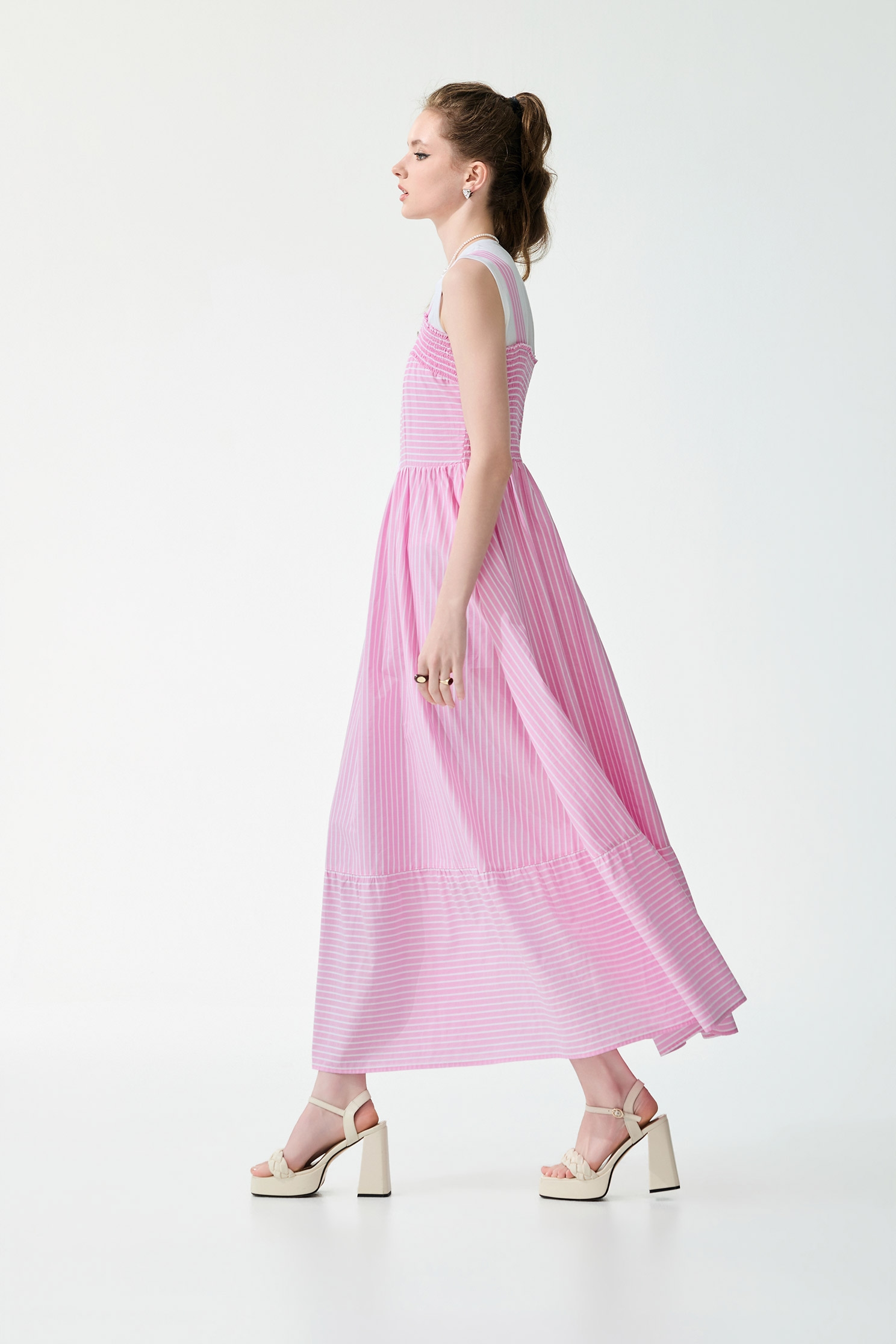 White Pinstripe Sleevless Pink Maxi Dress,Dresses,sleeveless tops,Season (SS) Look,Stripe,White tops,sleeveless tops