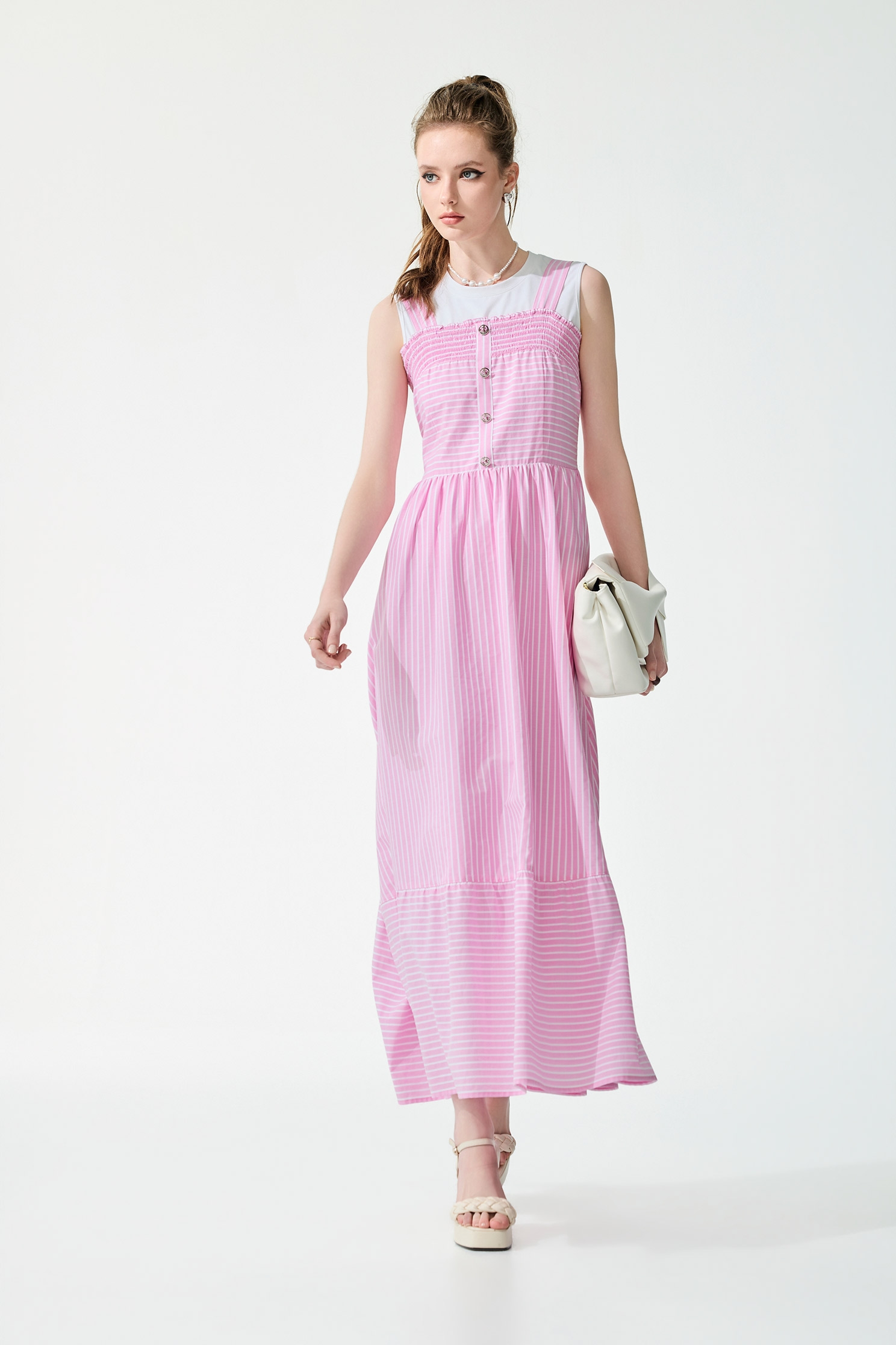 White Pinstripe Sleevless Pink Maxi Dress,Dresses,sleeveless tops,Season (SS) Look,Stripe,White tops,sleeveless tops