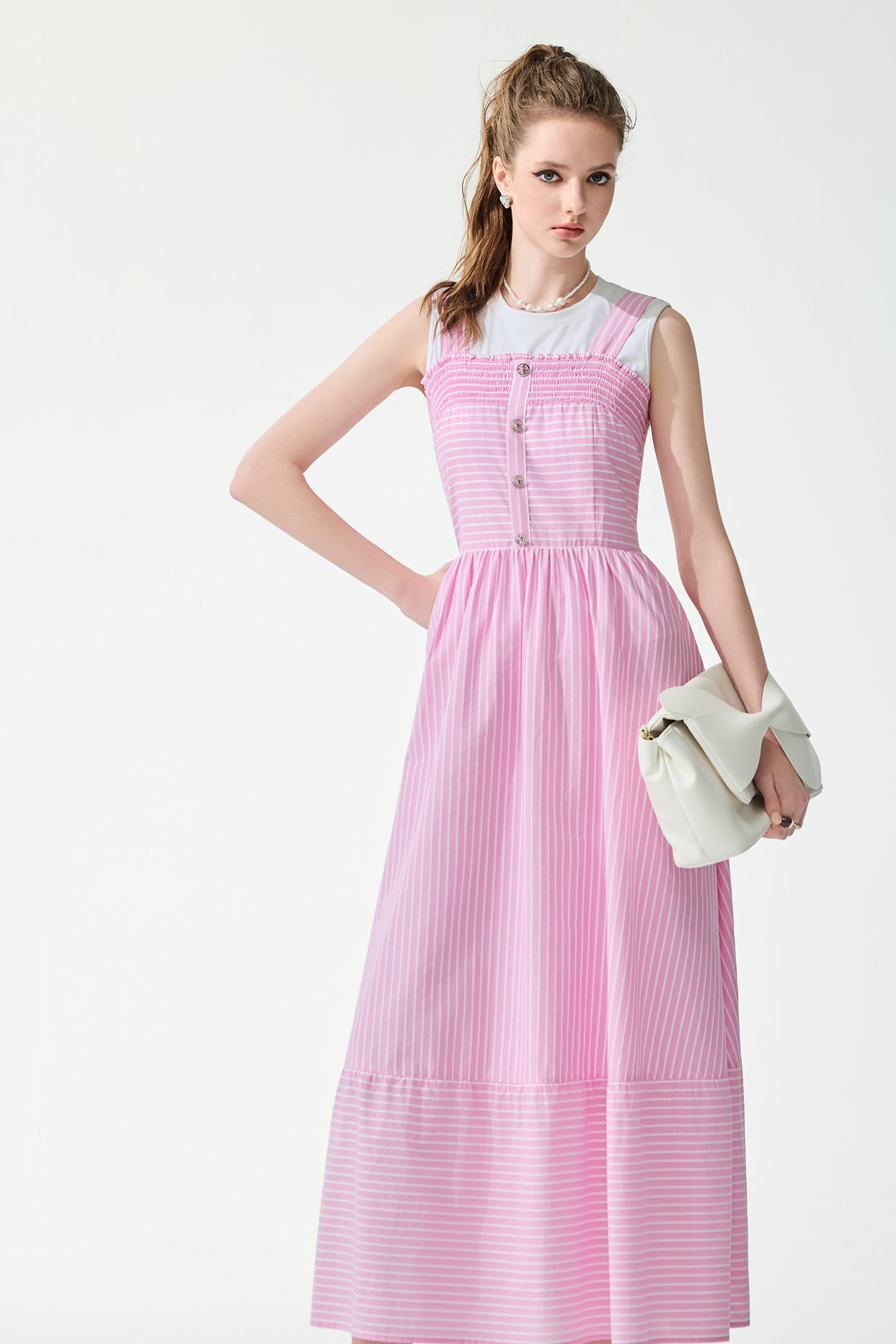 White Pinstripe Sleevless Pink Maxi Dress,Dresses,sleeveless tops,Season (SS) Look,Stripe,White tops,sleeveless tops