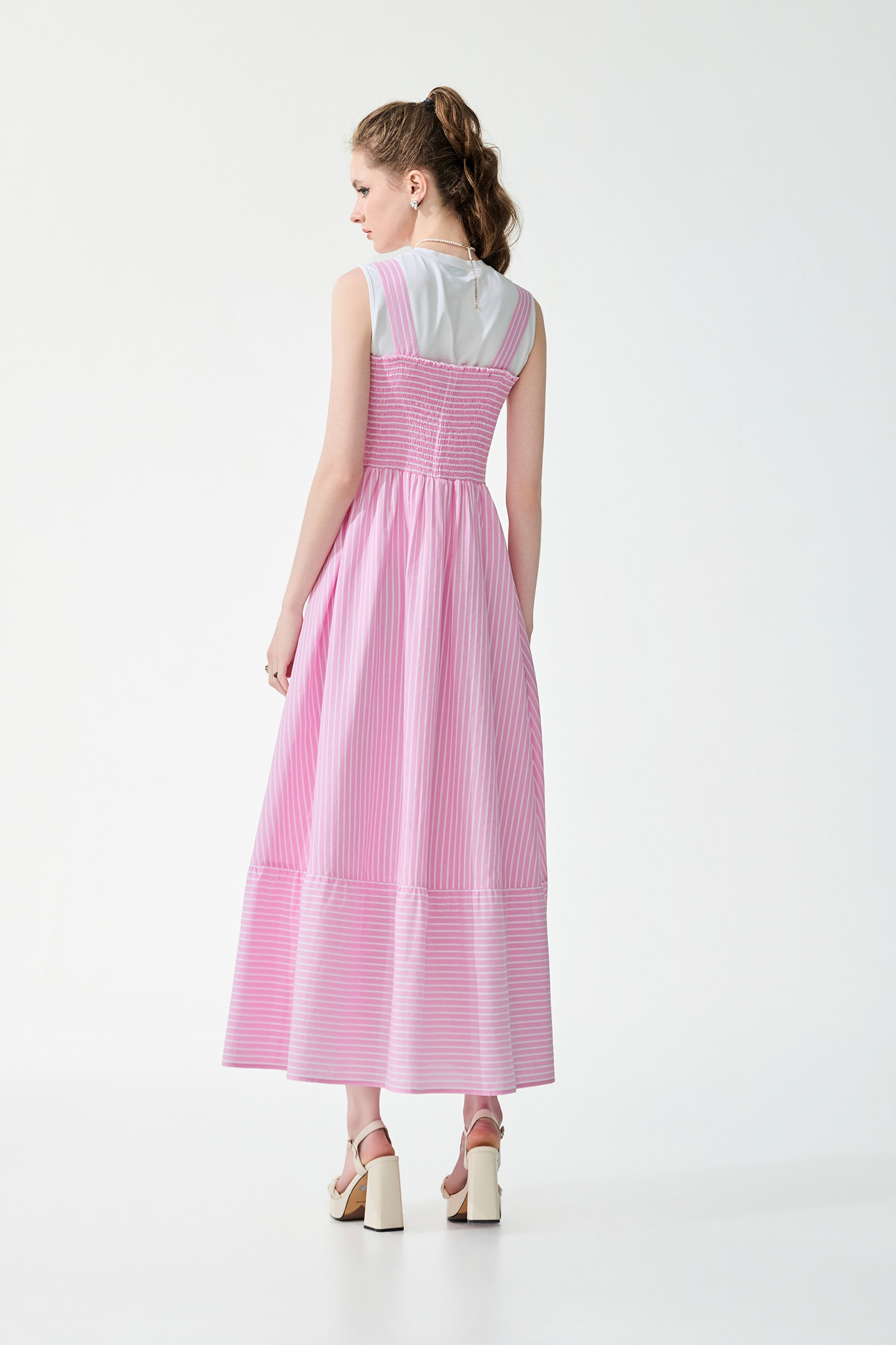 White Pinstripe Sleevless Pink Maxi Dress,Dresses,sleeveless tops,Season (SS) Look,Stripe,White tops,sleeveless tops