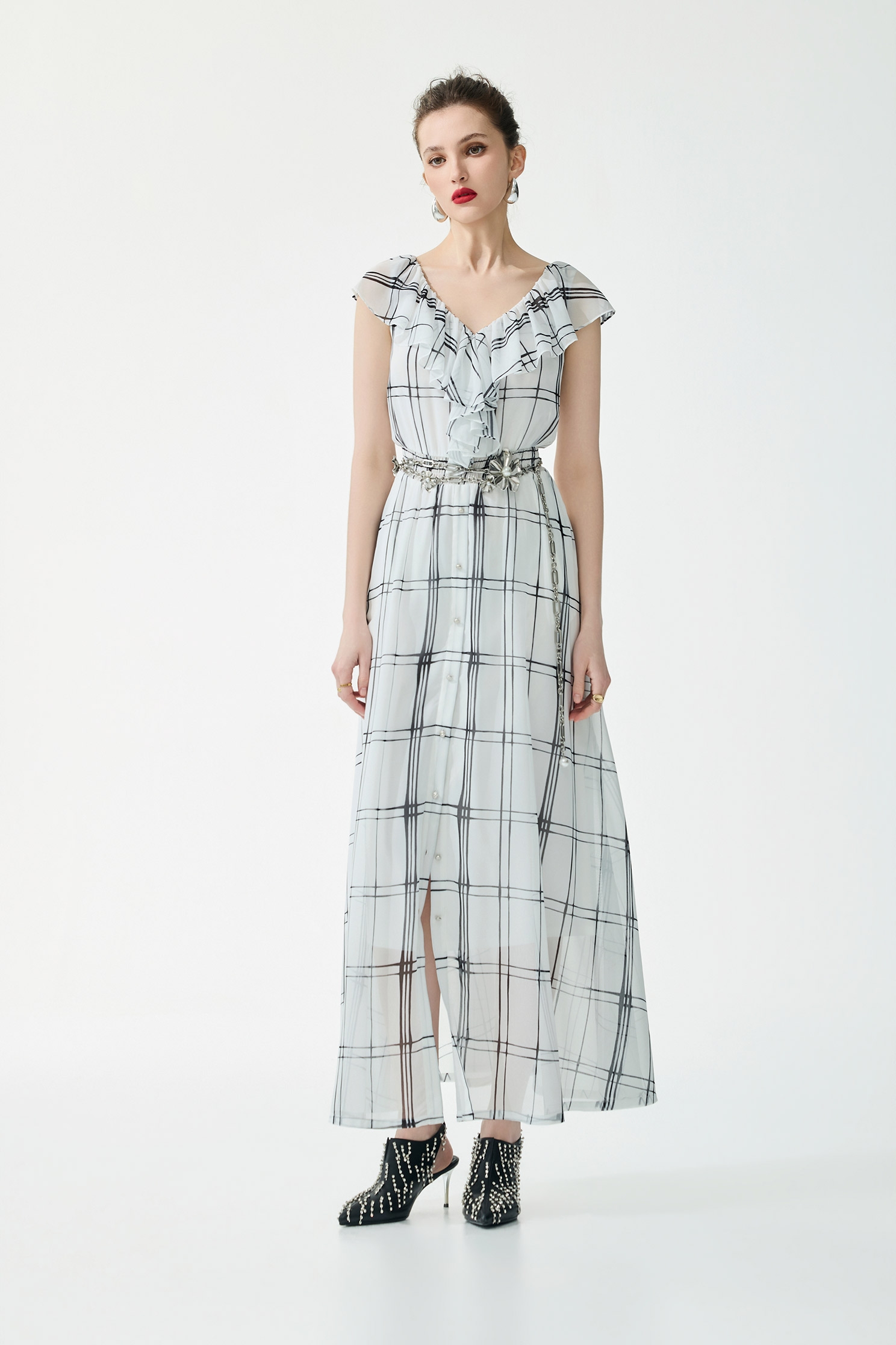 Checked Ruffle Maxi DressChecked Ruffle Maxi Dress,Dresses,Under shirts,Season (SS) Look,Plaid,Chiffon
