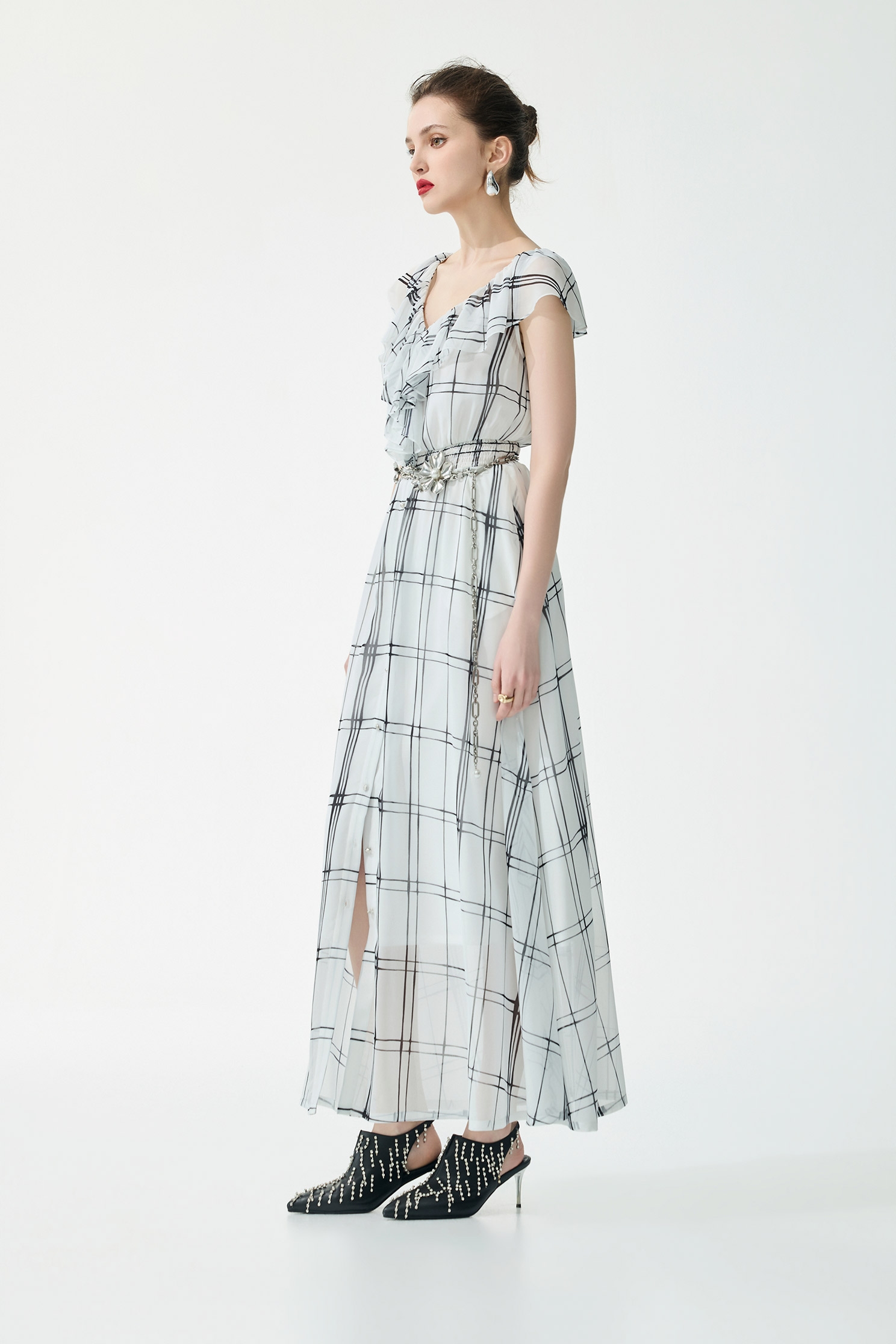 Checked Ruffle Maxi DressChecked Ruffle Maxi Dress,Dresses,Under shirts,Season (SS) Look,Plaid,Chiffon
