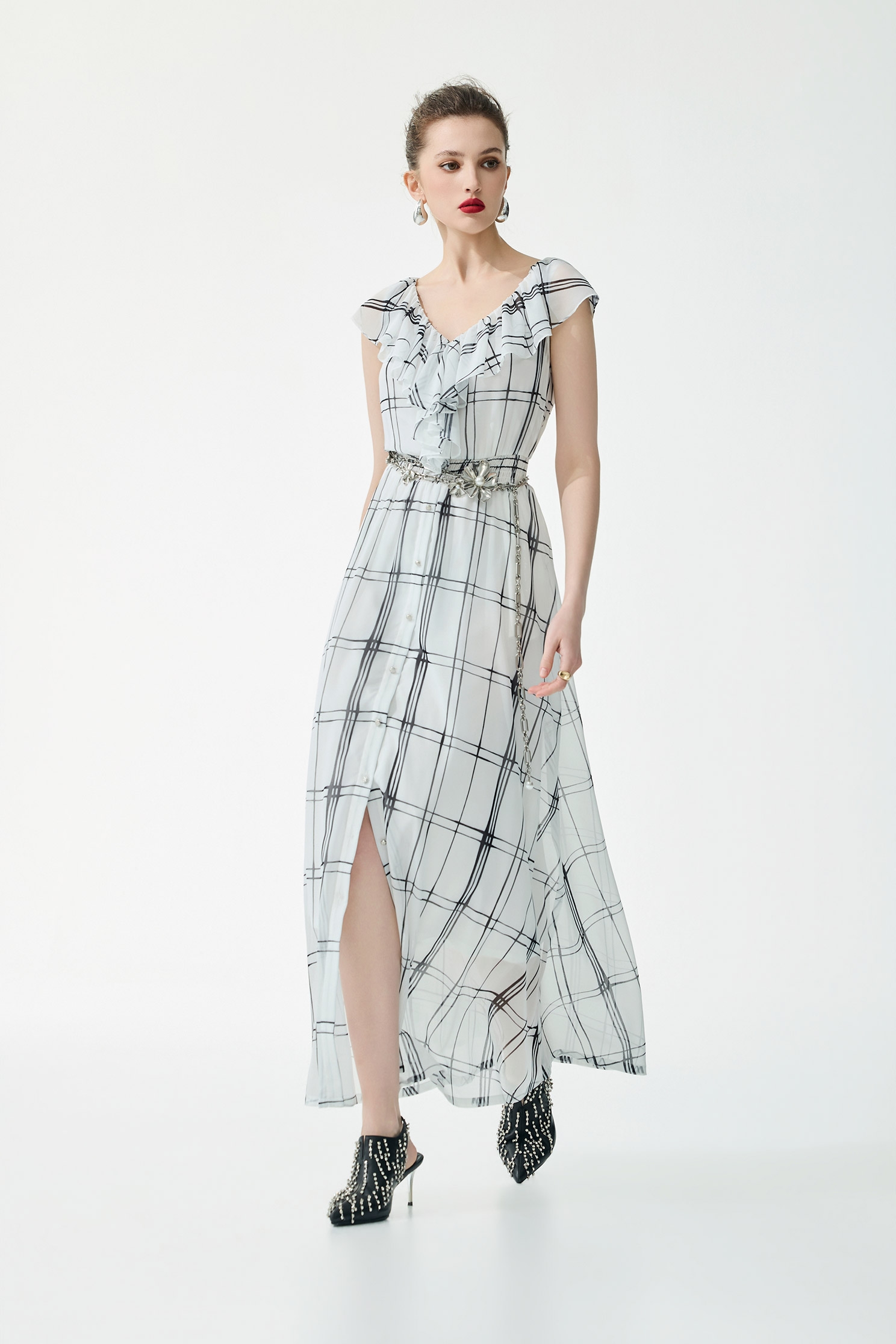 Checked Ruffle Maxi DressChecked Ruffle Maxi Dress,Dresses,Under shirts,Season (SS) Look,Plaid,Chiffon