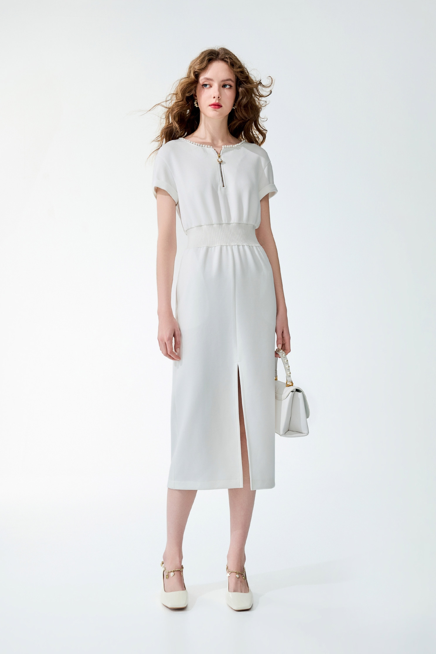 Minimalist Pearl Applique Short Sleeve DressMinimalist Pearl Applique Short Sleeve Dress,Dresses,Season (SS) Look,pearl,White dresses