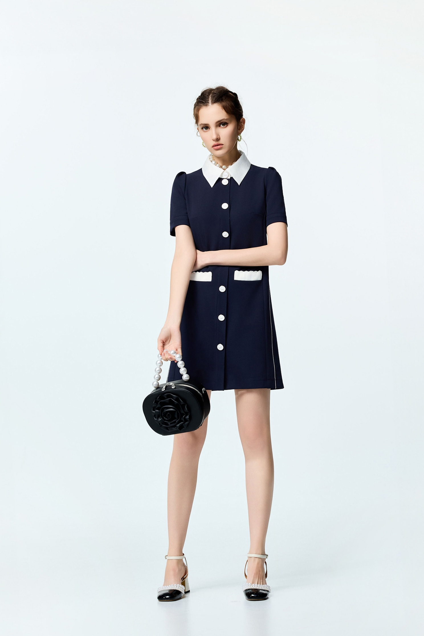 Contrast Collar Navy Short DressContrast Collar Navy Short Dress,Dresses,Embroidered,Season (SS) Look,bows,Urban Fashion
