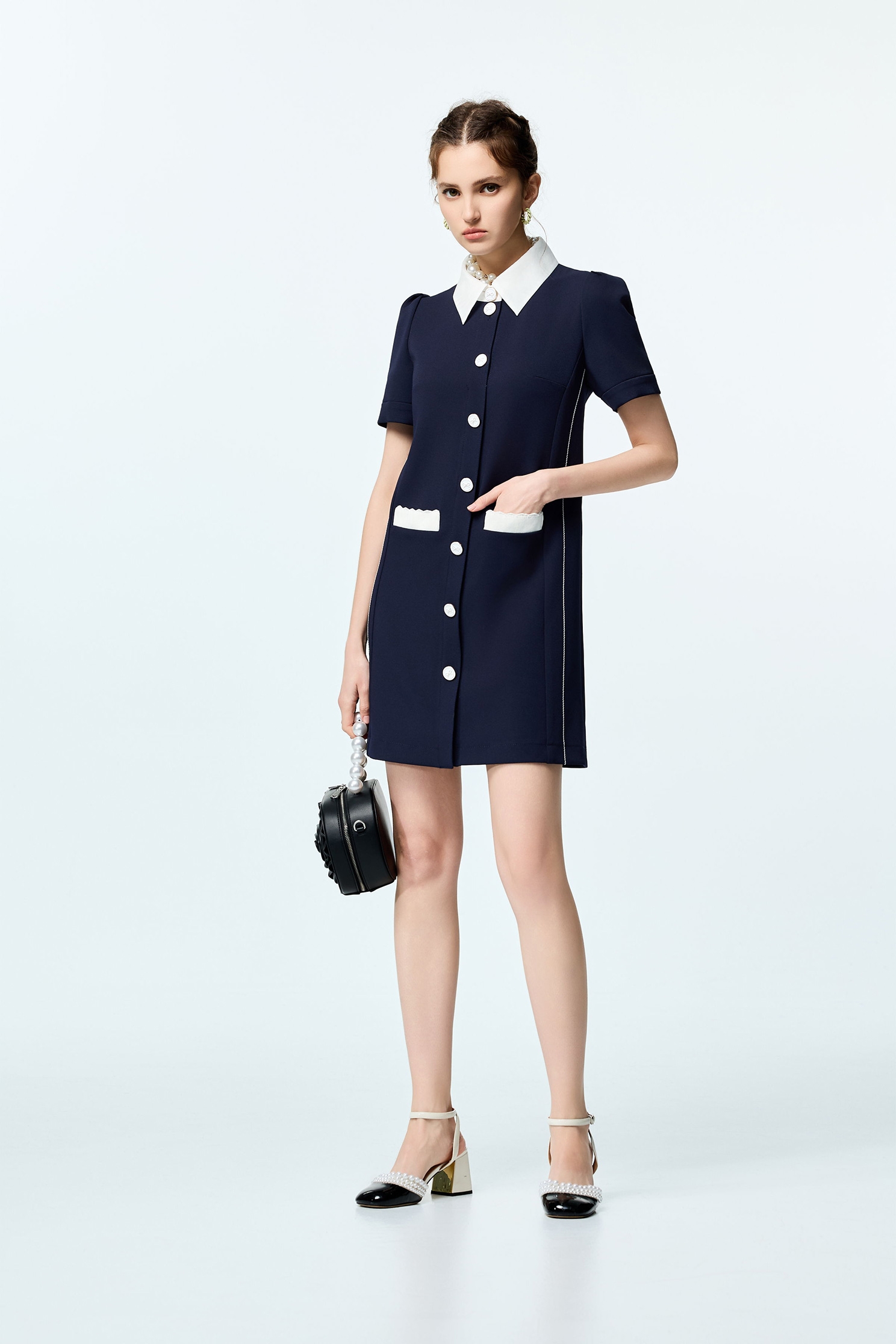 Contrast Collar Navy Short DressContrast Collar Navy Short Dress,Dresses,Embroidered,Season (SS) Look,bows,Urban Fashion