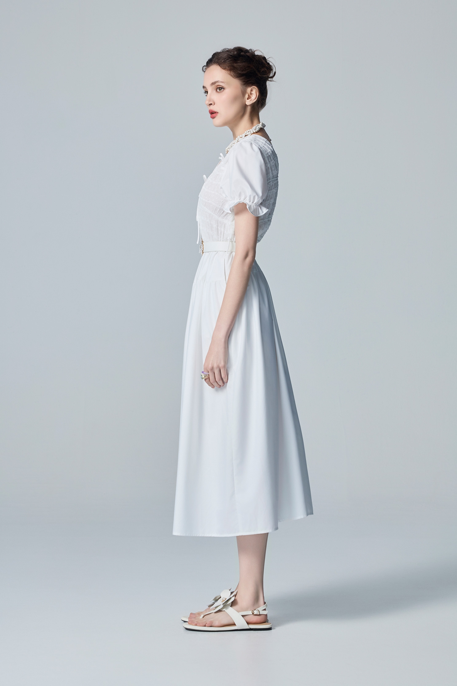 Pleated Detail Short Sleeve White Dress,Dresses,Season (SS) Look,White dresses