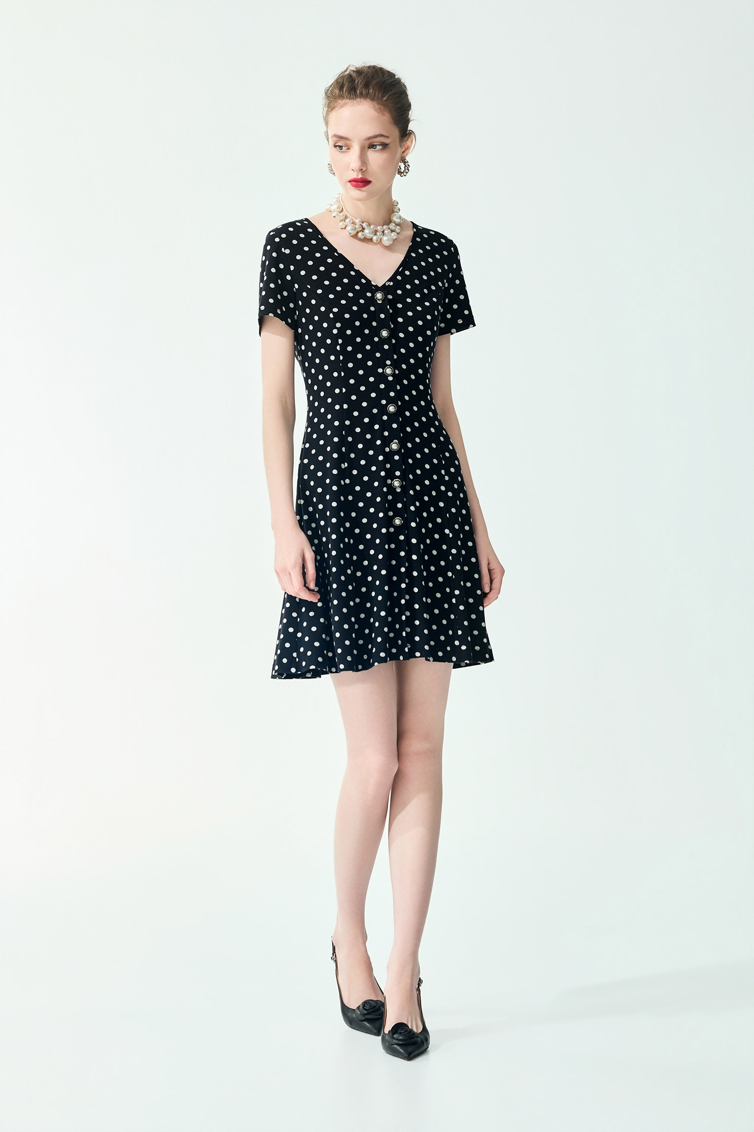 V-neck Polka Dot Short Sleeve DressV-neck Polka Dot Short Sleeve Dress,Dresses,Season (SS) Look,dotcollection,pearl