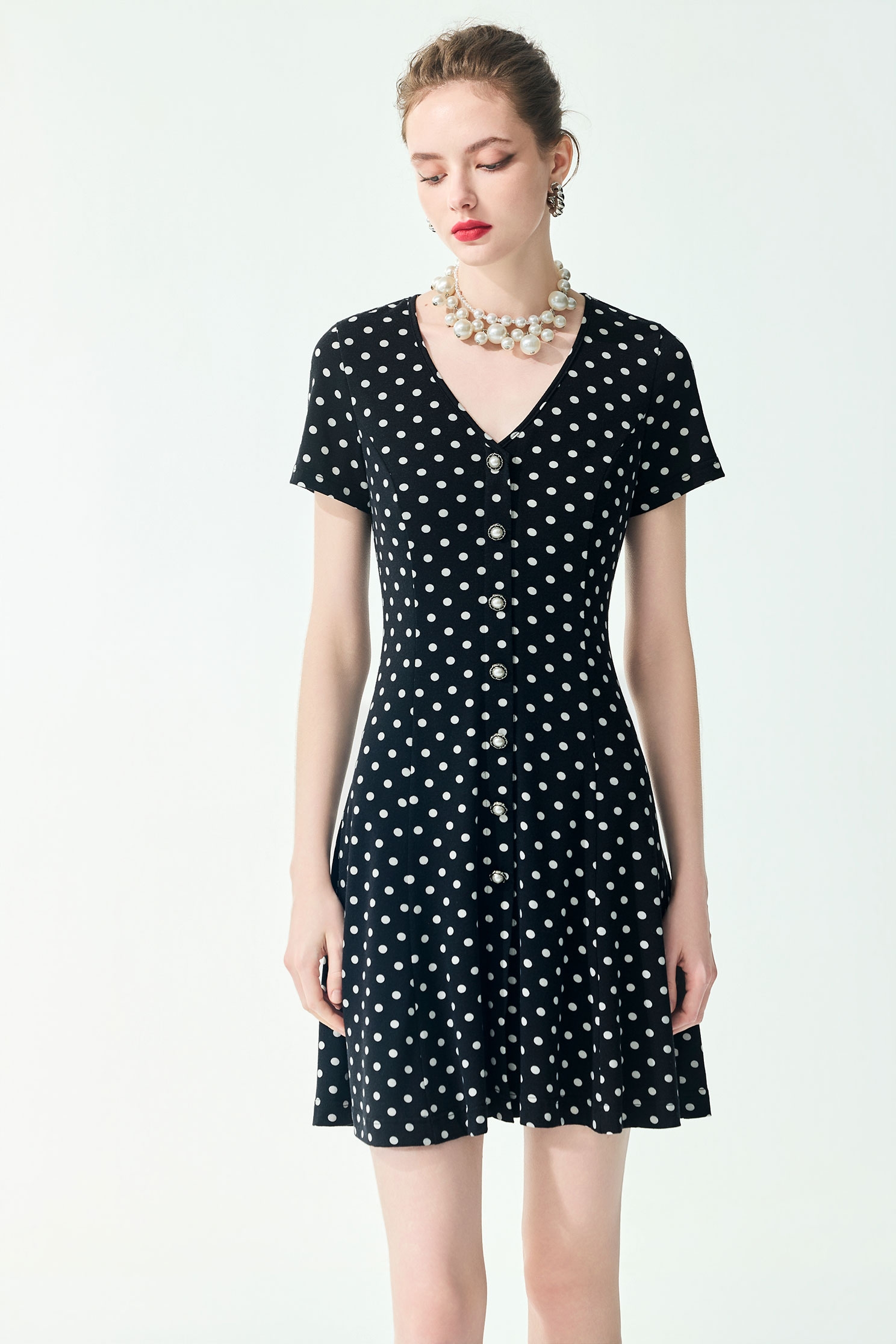V-neck Polka Dot Short Sleeve DressV-neck Polka Dot Short Sleeve Dress,Dresses,Season (SS) Look,dotcollection,pearl