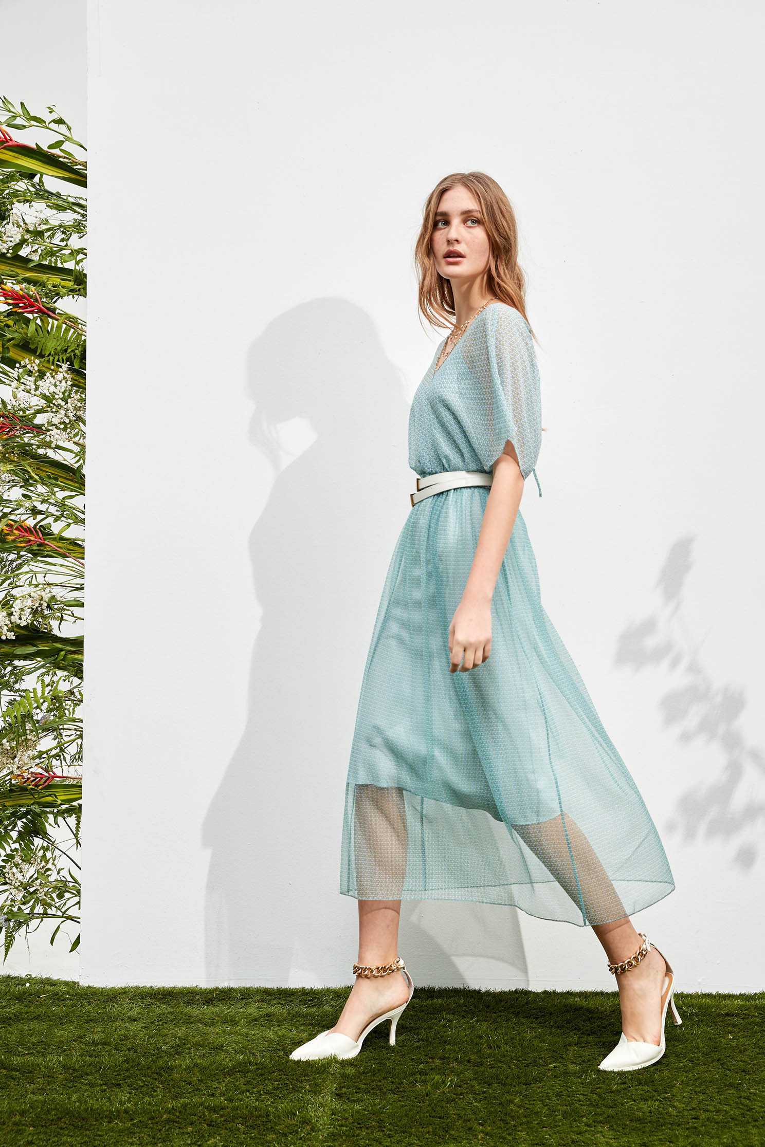 Small Geometric Print Chiffon DressCrescent moon print top with contrast fabric,V-Neck T shirts,Dresses,Season (SS) Look,mothergift,Valentine,Mesh fabric,Chiffon