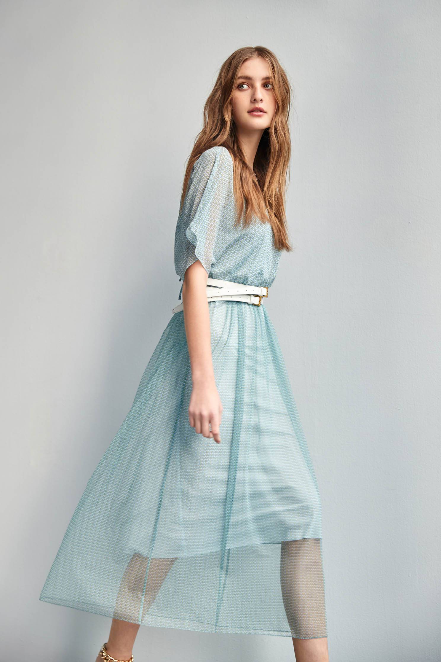 Small Geometric Print Chiffon DressCrescent moon print top with contrast fabric,V-Neck T shirts,Dresses,Season (SS) Look,mothergift,Valentine,Mesh fabric,Chiffon