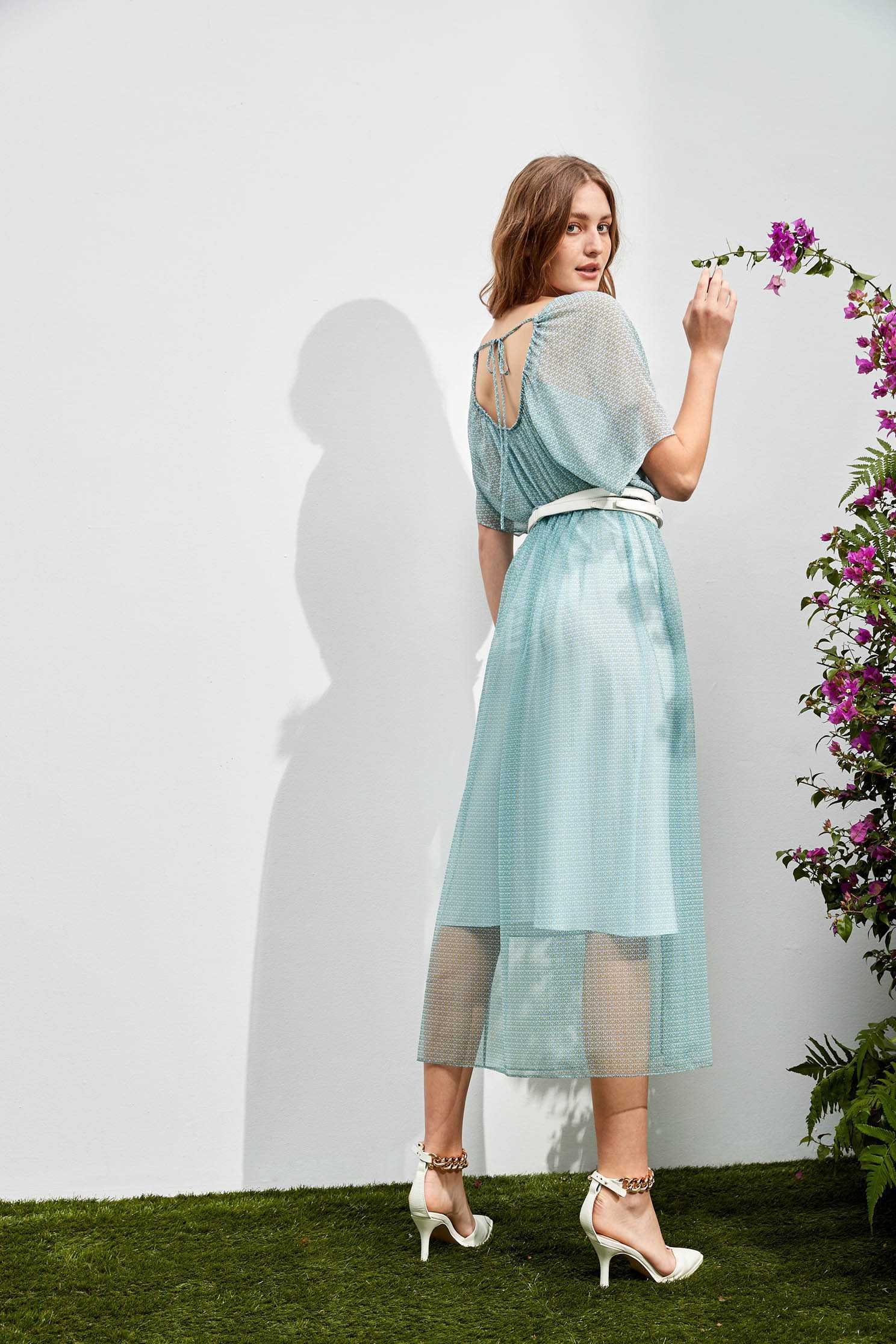 Small Geometric Print Chiffon DressCrescent moon print top with contrast fabric,V-Neck T shirts,Dresses,Season (SS) Look,mothergift,Valentine,Mesh fabric,Chiffon