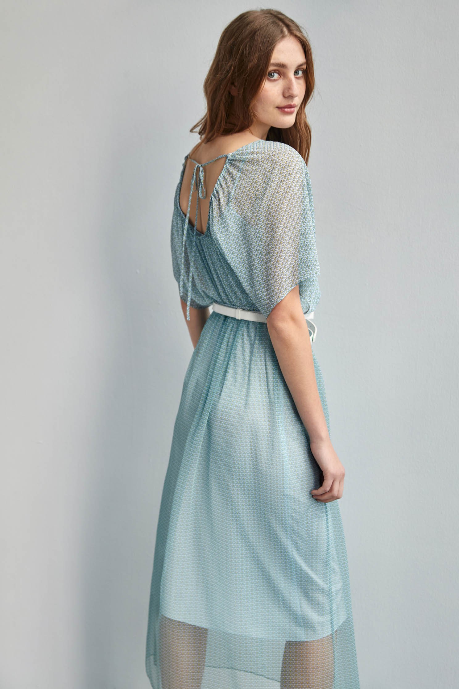 Small Geometric Print Chiffon DressCrescent moon print top with contrast fabric,V-Neck T shirts,Dresses,Season (SS) Look,mothergift,Valentine,Mesh fabric,Chiffon