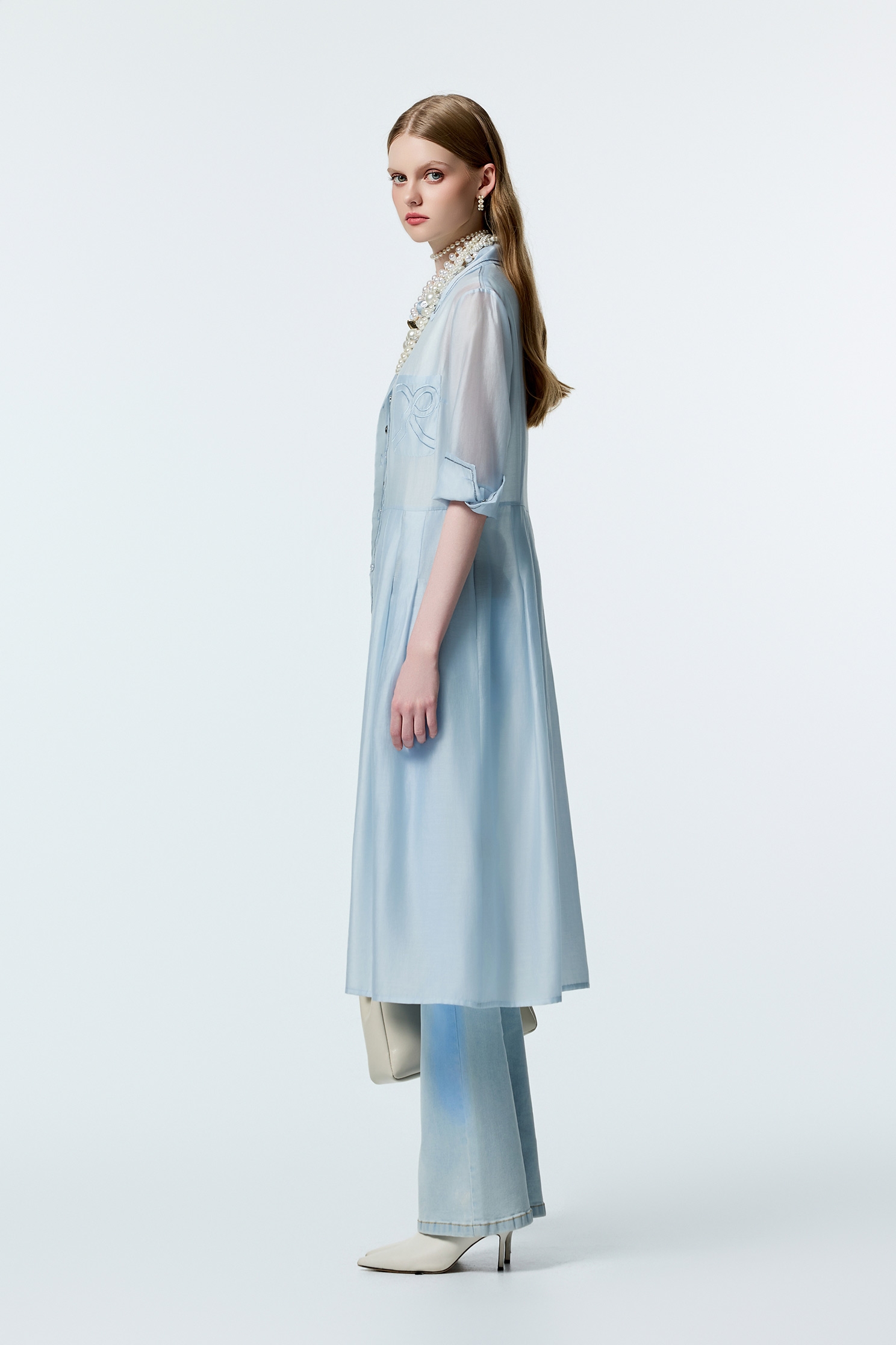 Light Blue Shirt Dress With Contrast Stitch DetailLight Blue Shirt Dress With Contrast Stitch Detail,Office Looks,Embroidered,Shirt dresses,Season (AW) Look,bows,upperclass