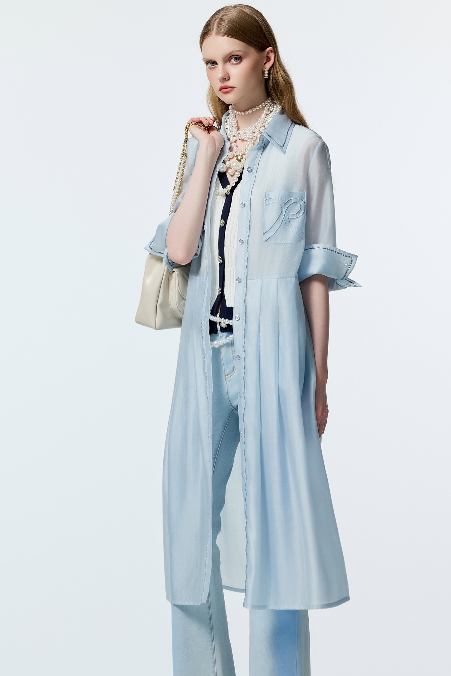 Light Blue Shirt Dress With Contrast Stitch DetailLight Blue Shirt Dress With Contrast Stitch Detail,Office Looks,Embroidered,Shirt dresses,Season (AW) Look,bows,upperclass