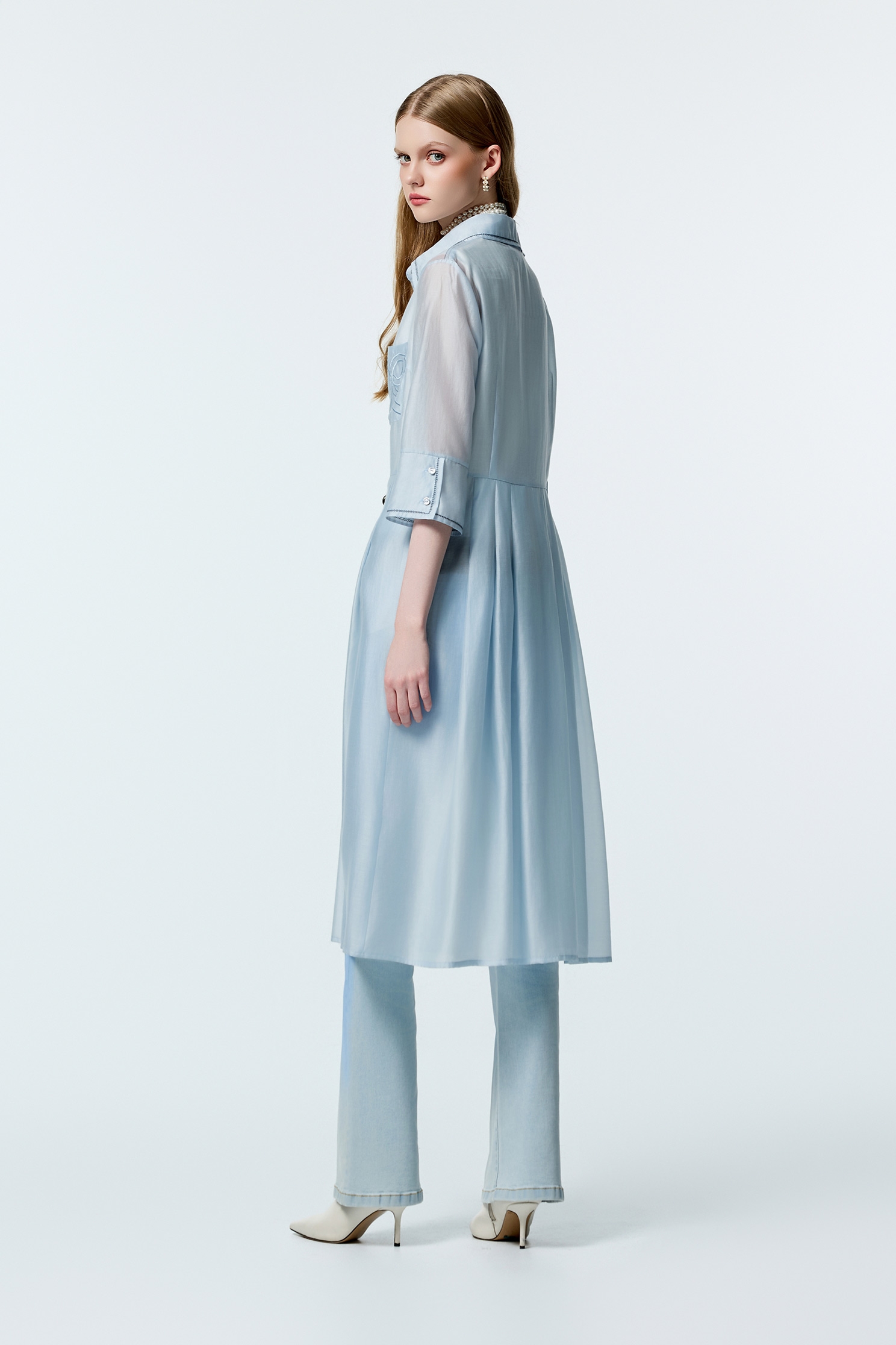 Light Blue Shirt Dress With Contrast Stitch DetailLight Blue Shirt Dress With Contrast Stitch Detail,Office Looks,Embroidered,Shirt dresses,Season (AW) Look,bows,upperclass