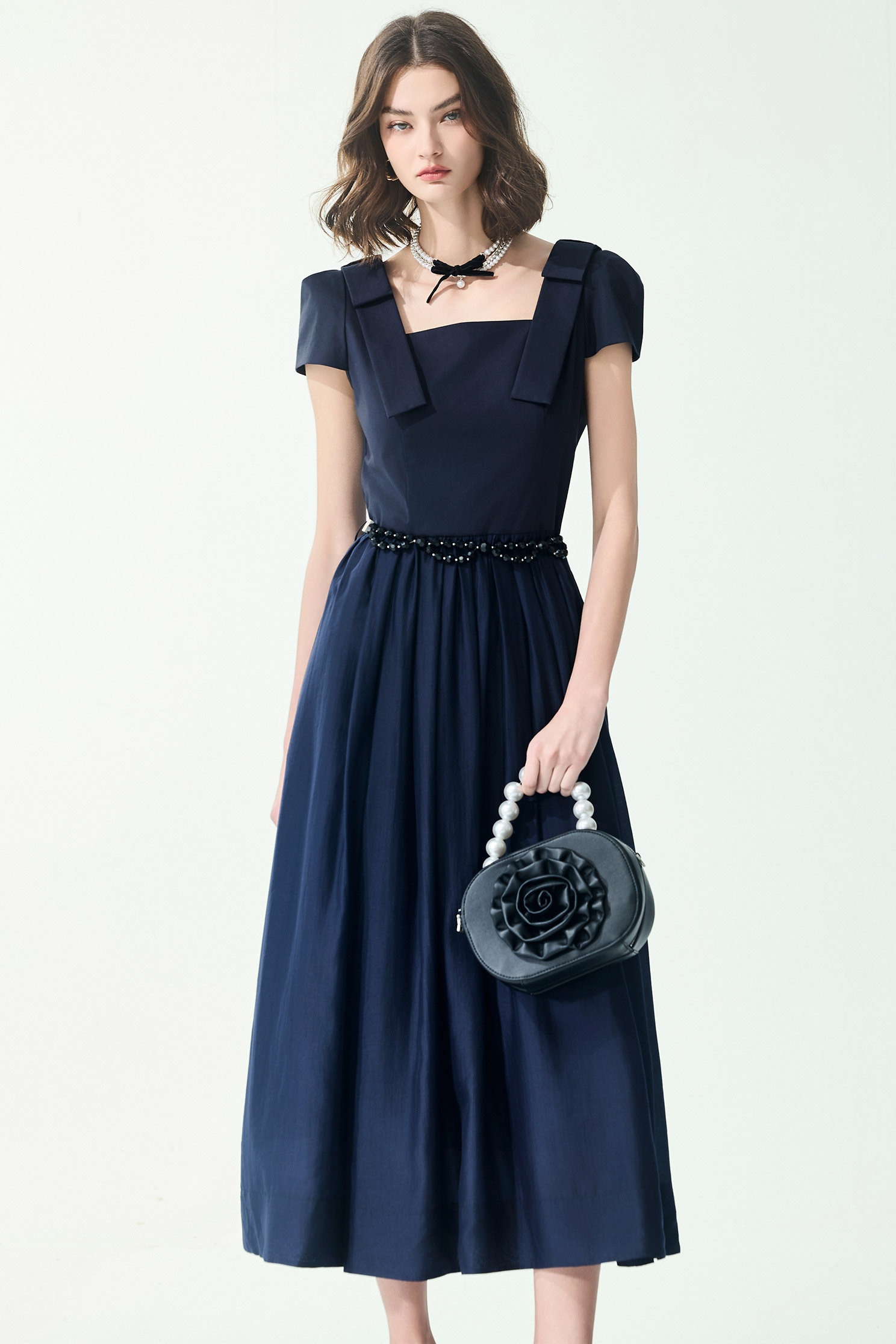 Shoulder Knot Detail Navy Dress,Dresses,Season (SS) Look,bows