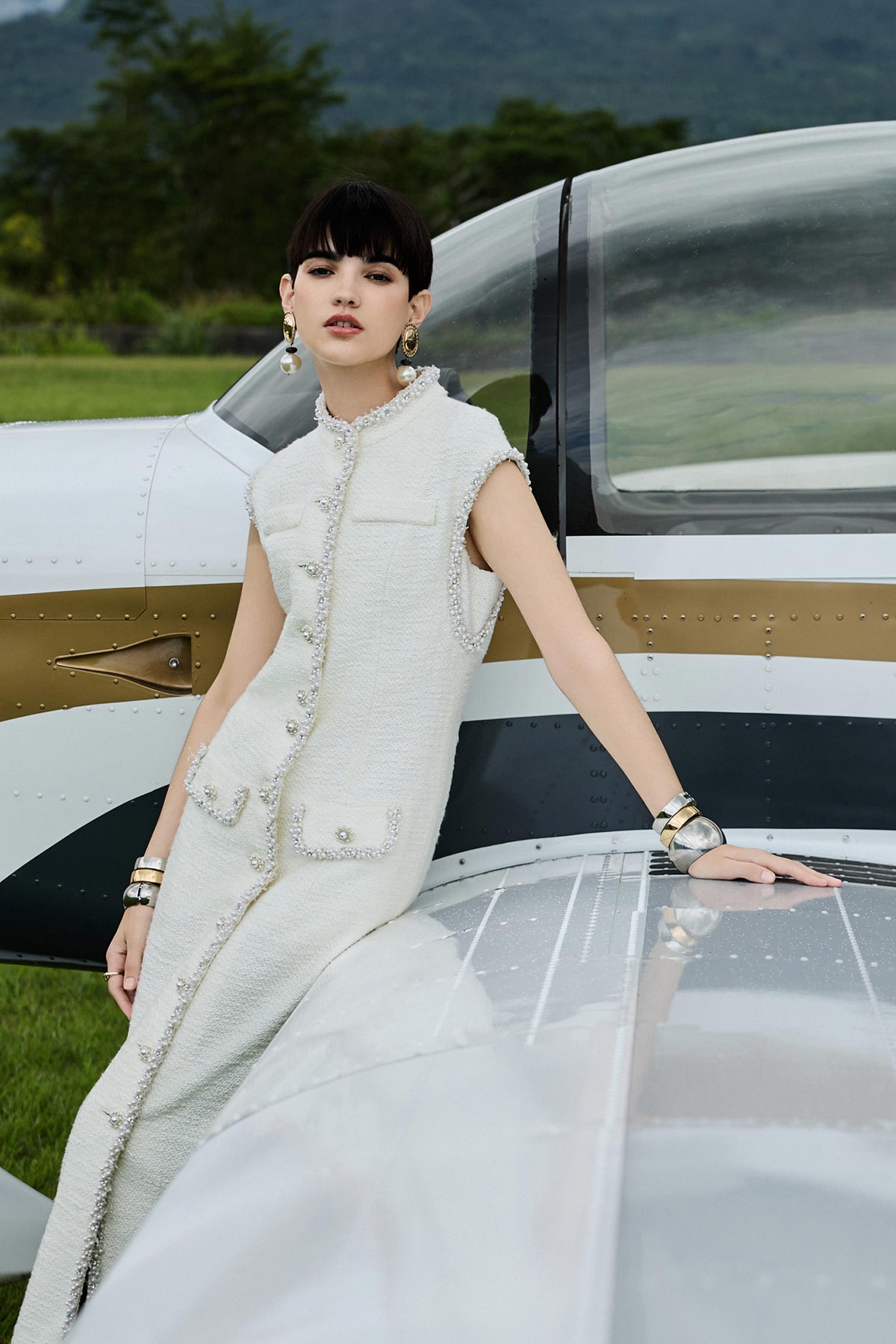 Off White Tweed Dress With Pearl DetailOff White Tweed Dress With Pearl Detail,Dresses,pearl,White dresses,Season (AW) Look