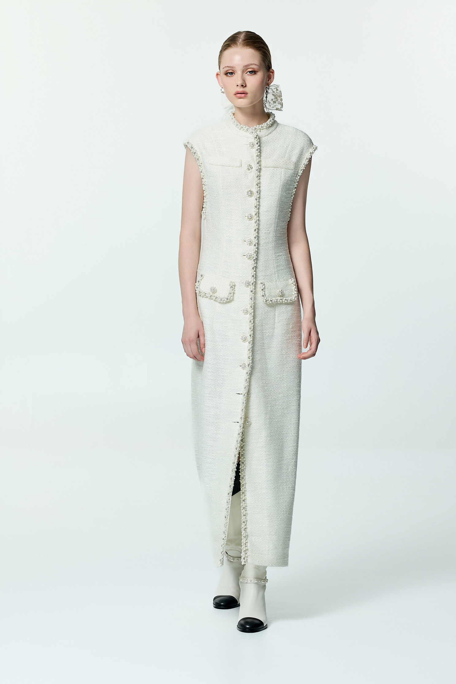 Off White Tweed Dress With Pearl DetailOff White Tweed Dress With Pearl Detail,Dresses,pearl,White dresses,Season (AW) Look