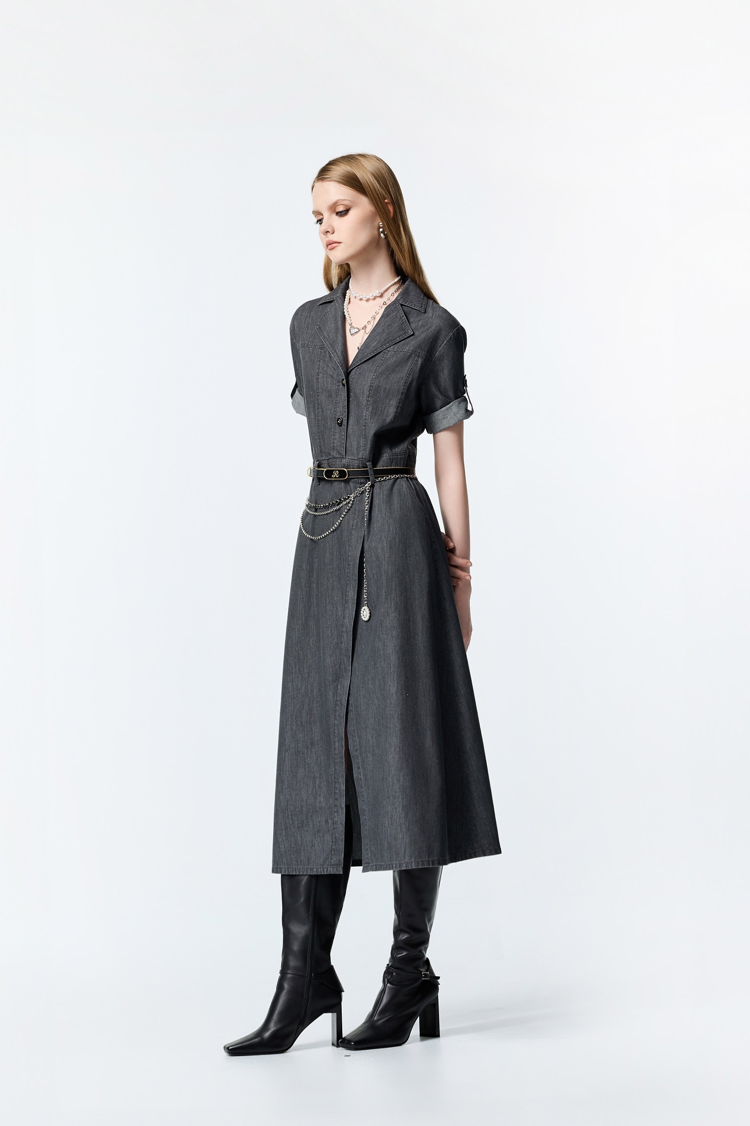 Short Sleeve Grey Denim Maxi DressShort Sleeve Grey Denim Maxi Dress,Dresses,Denim,Season (AW) Look