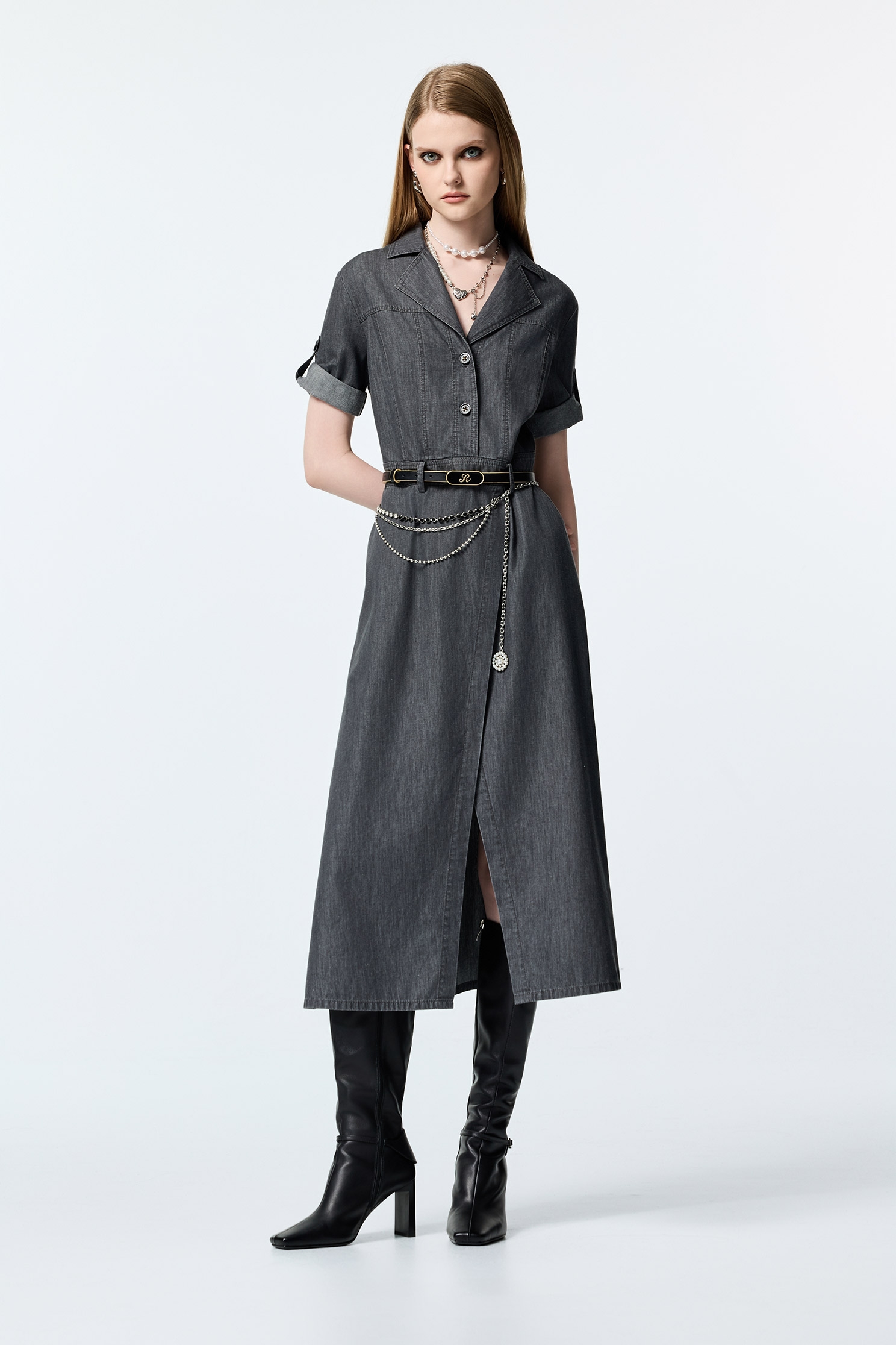Short Sleeve Grey Denim Maxi DressShort Sleeve Grey Denim Maxi Dress,Dresses,Denim,Season (AW) Look