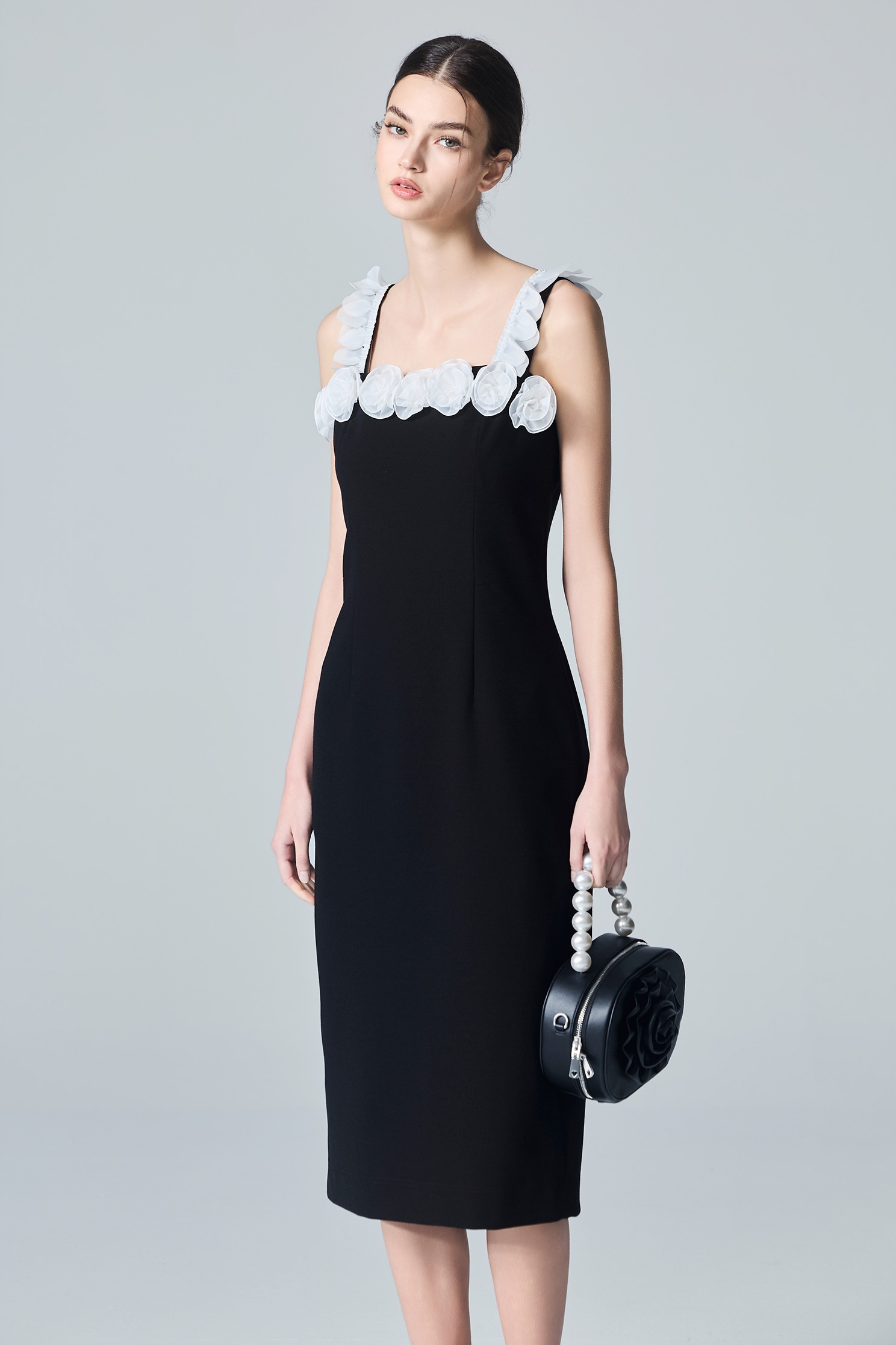 3-D Contrast Rose Fitted Dress3-D Contrast Rose Fitted Dress,Dresses,Season (AW) Look,Black dresses