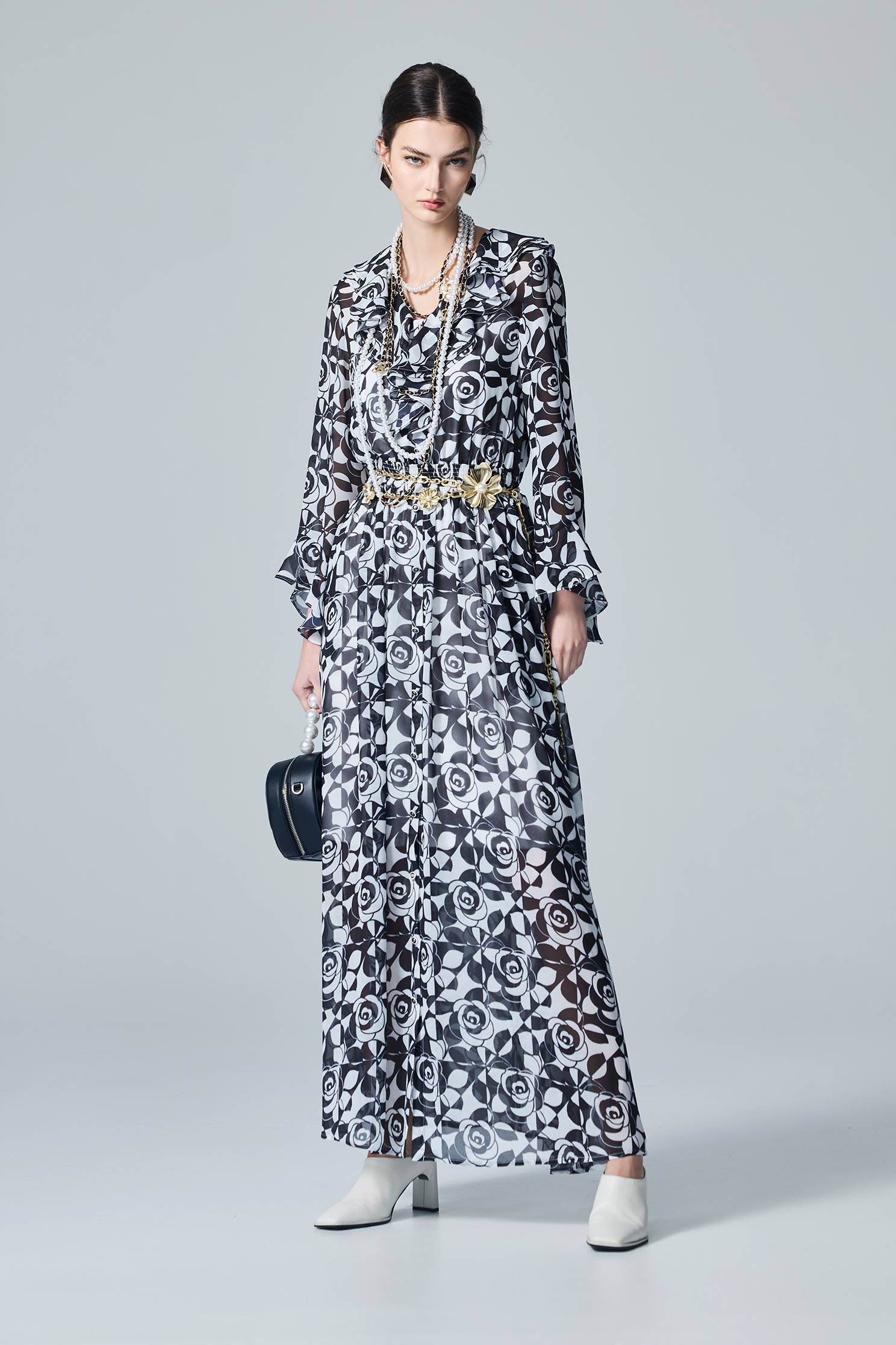 Rose Print Ruffle Collar Maxi DressRose Print Ruffle Collar Maxi Dress,Dresses,Under shirts,Season (AW) Look,Chiffon