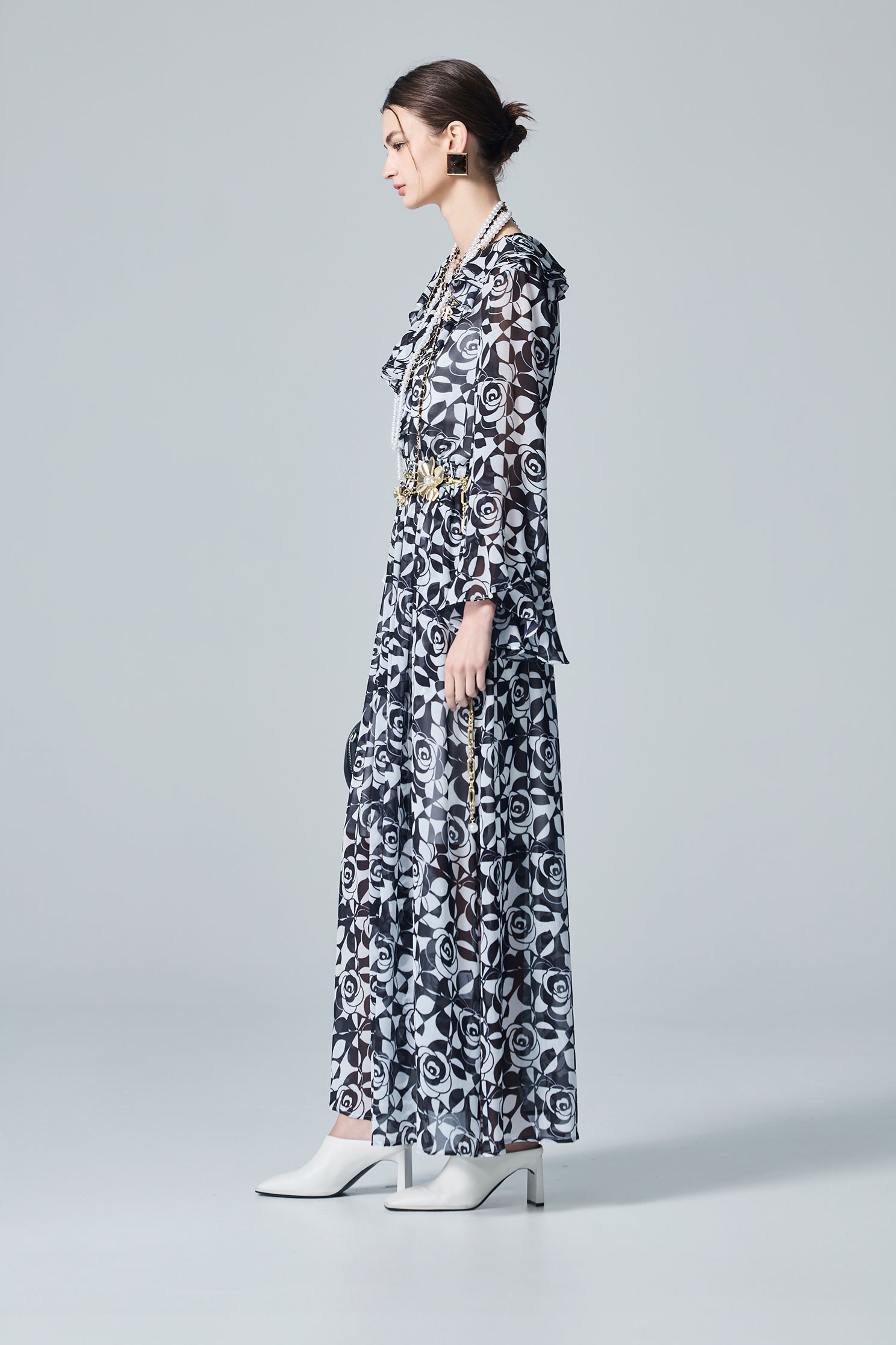 Rose Print Ruffle Collar Maxi DressRose Print Ruffle Collar Maxi Dress,Dresses,Under shirts,Season (AW) Look,Chiffon
