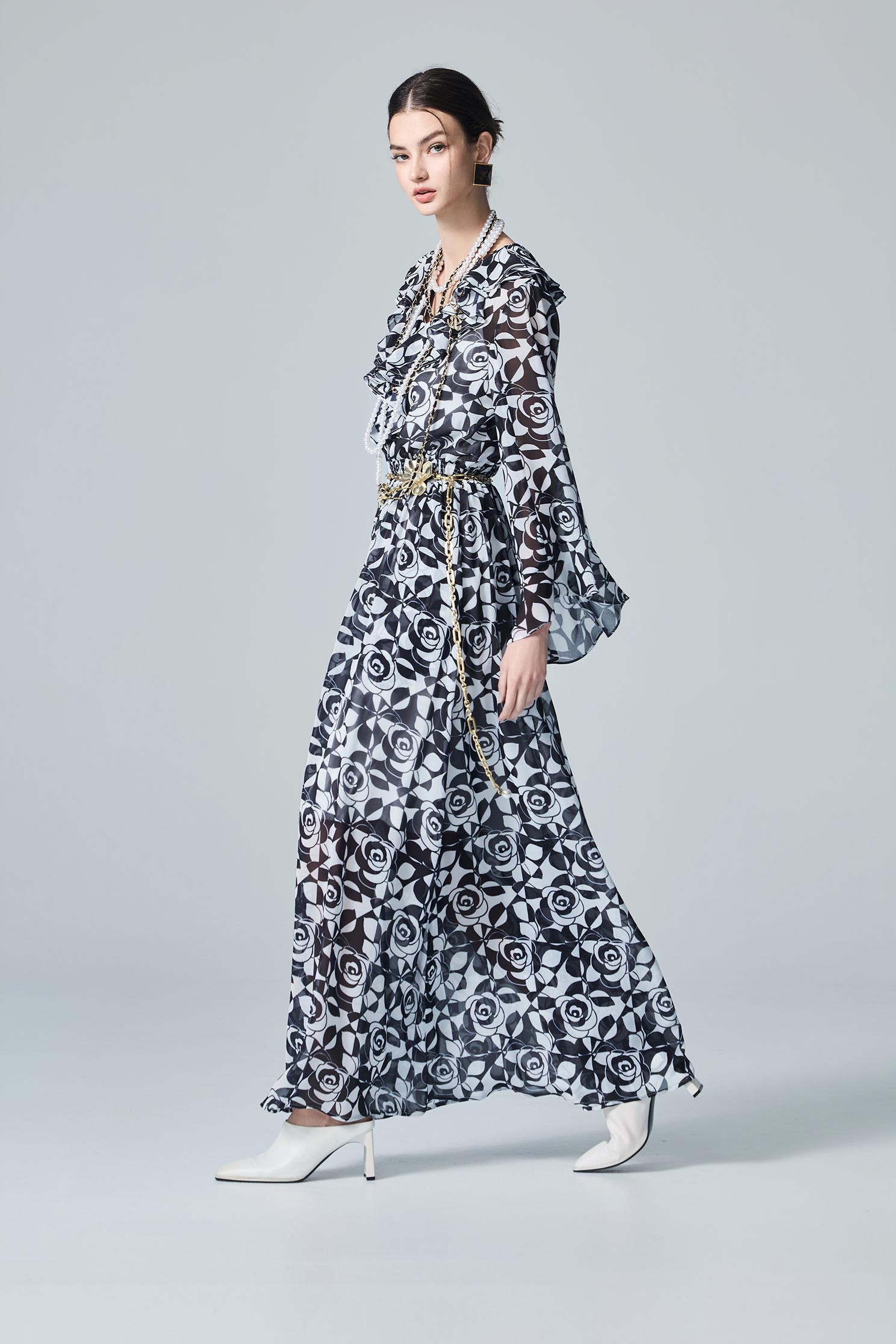 Rose Print Ruffle Collar Maxi DressRose Print Ruffle Collar Maxi Dress,Dresses,Under shirts,Season (AW) Look,Chiffon