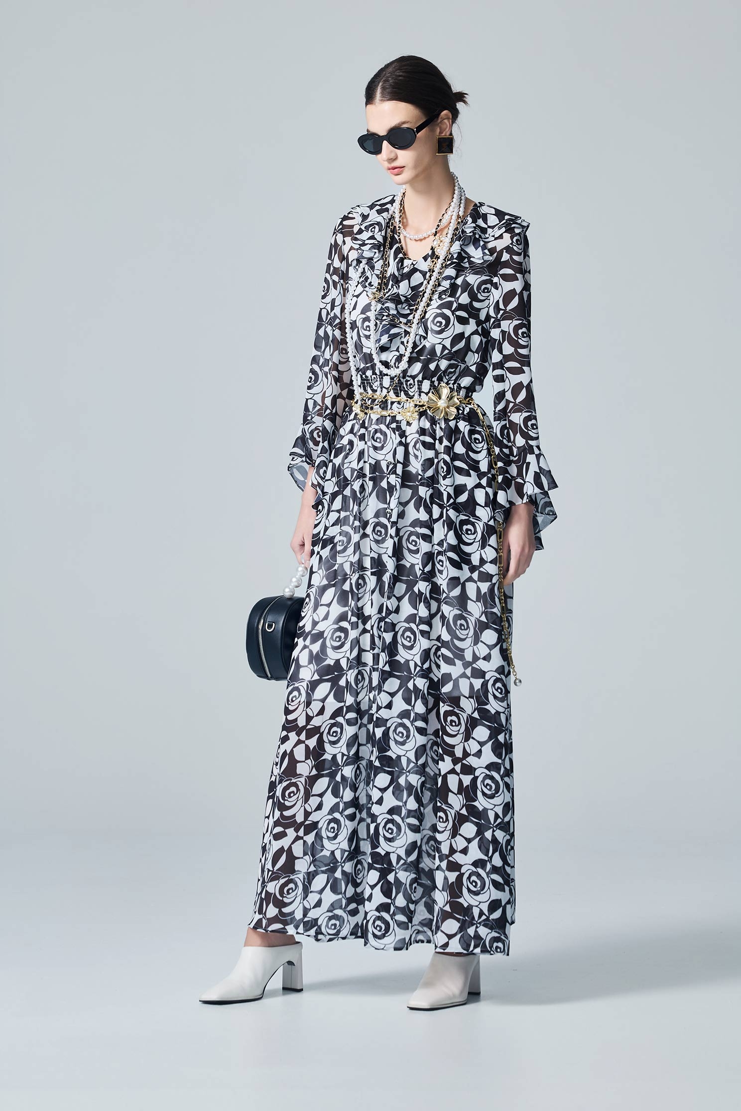 Rose Print Ruffle Collar Maxi DressRose Print Ruffle Collar Maxi Dress,Dresses,Under shirts,Season (AW) Look,Chiffon