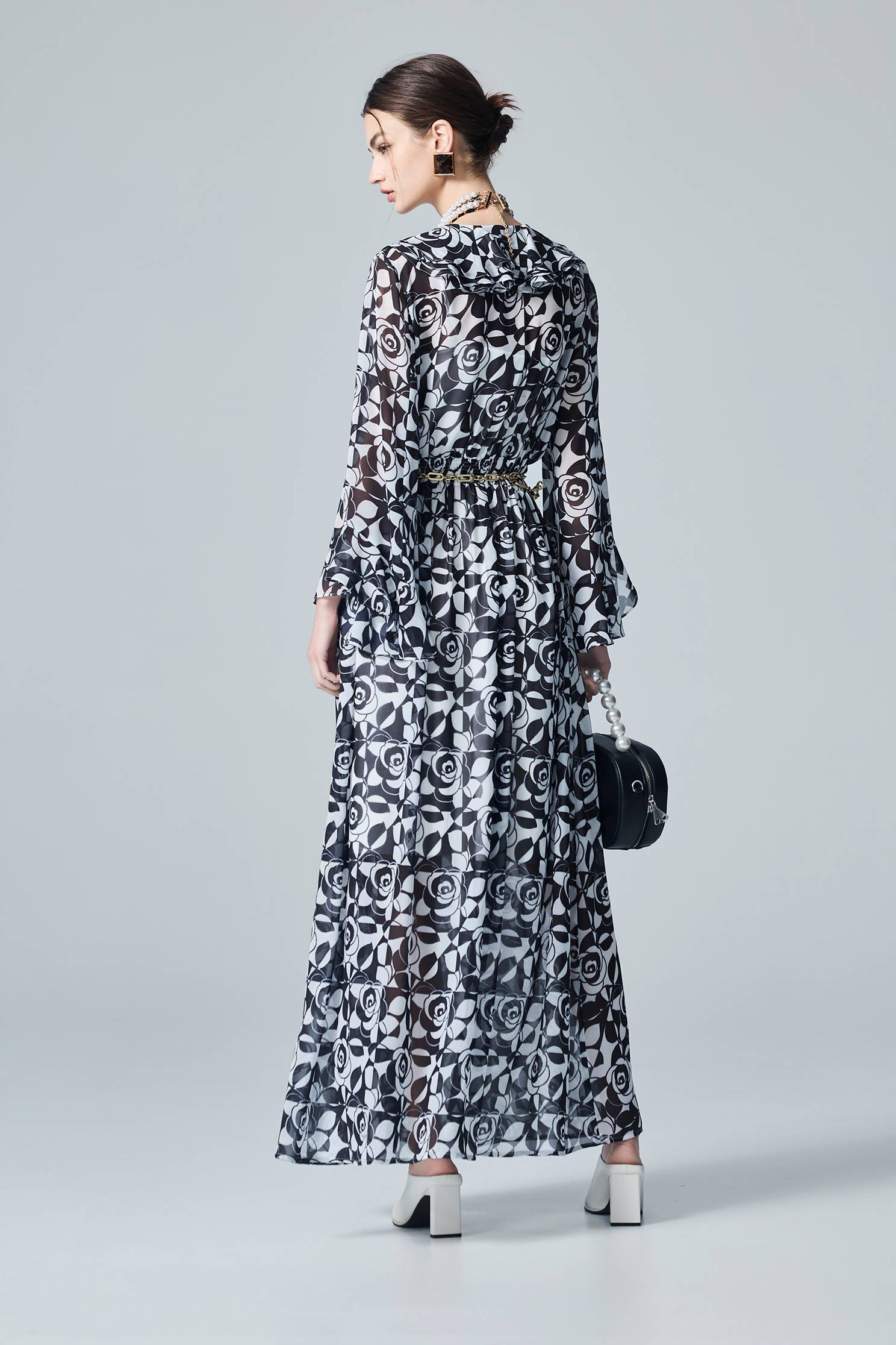 Rose Print Ruffle Collar Maxi DressRose Print Ruffle Collar Maxi Dress,Dresses,Under shirts,Season (AW) Look,Chiffon