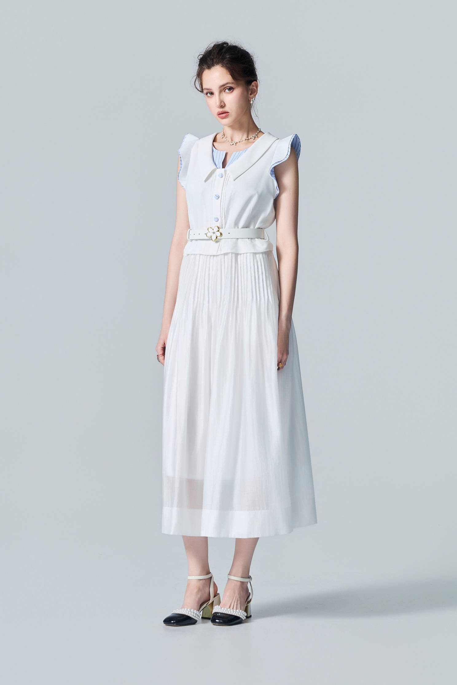 Cream White Faux-Layered DressCream White Faux-Layered Dress,Dresses,Stripe,White dresses,Season (AW) Look