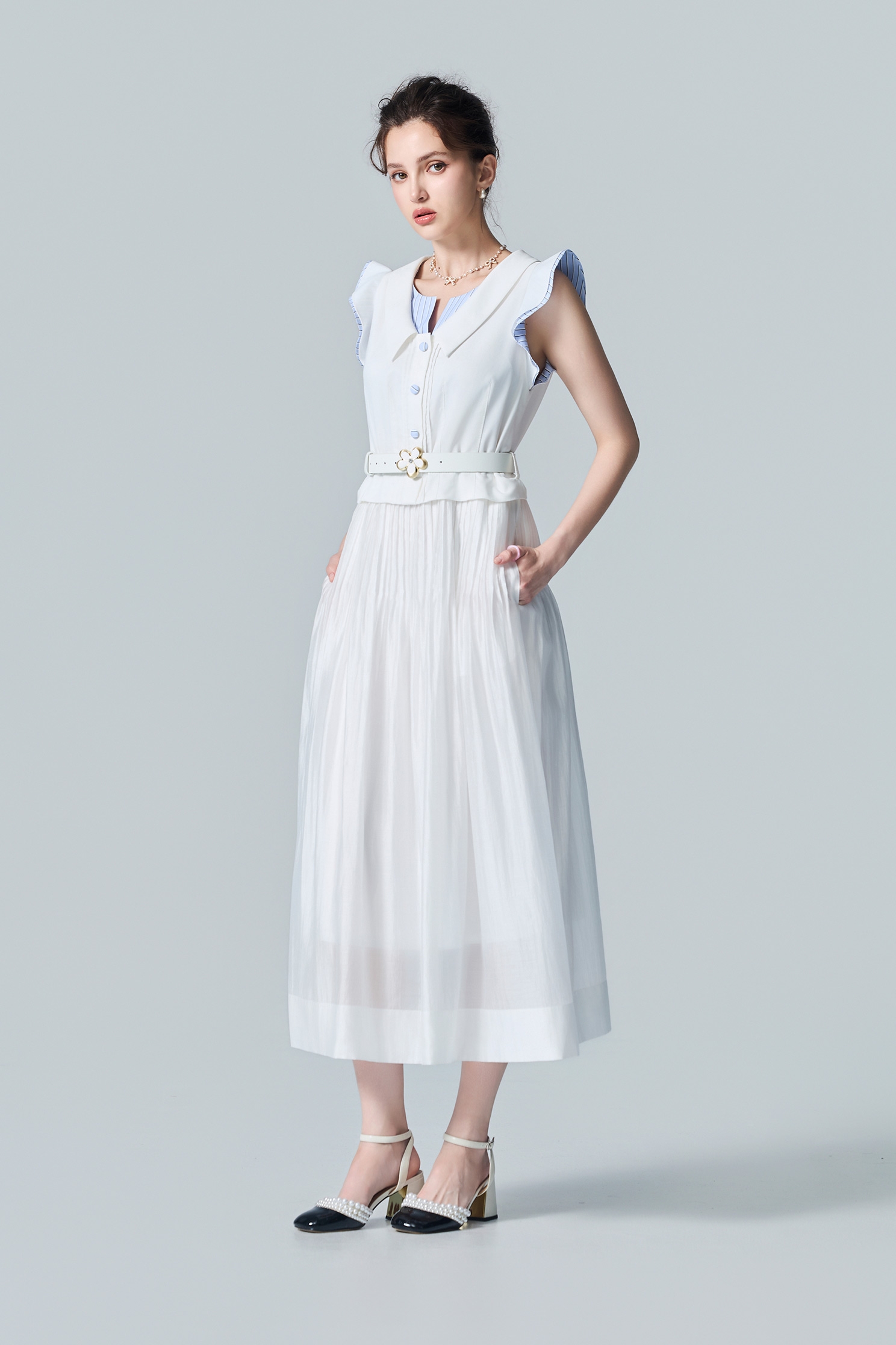 Cream White Faux-Layered DressCream White Faux-Layered Dress,Dresses,Stripe,White dresses,Season (AW) Look