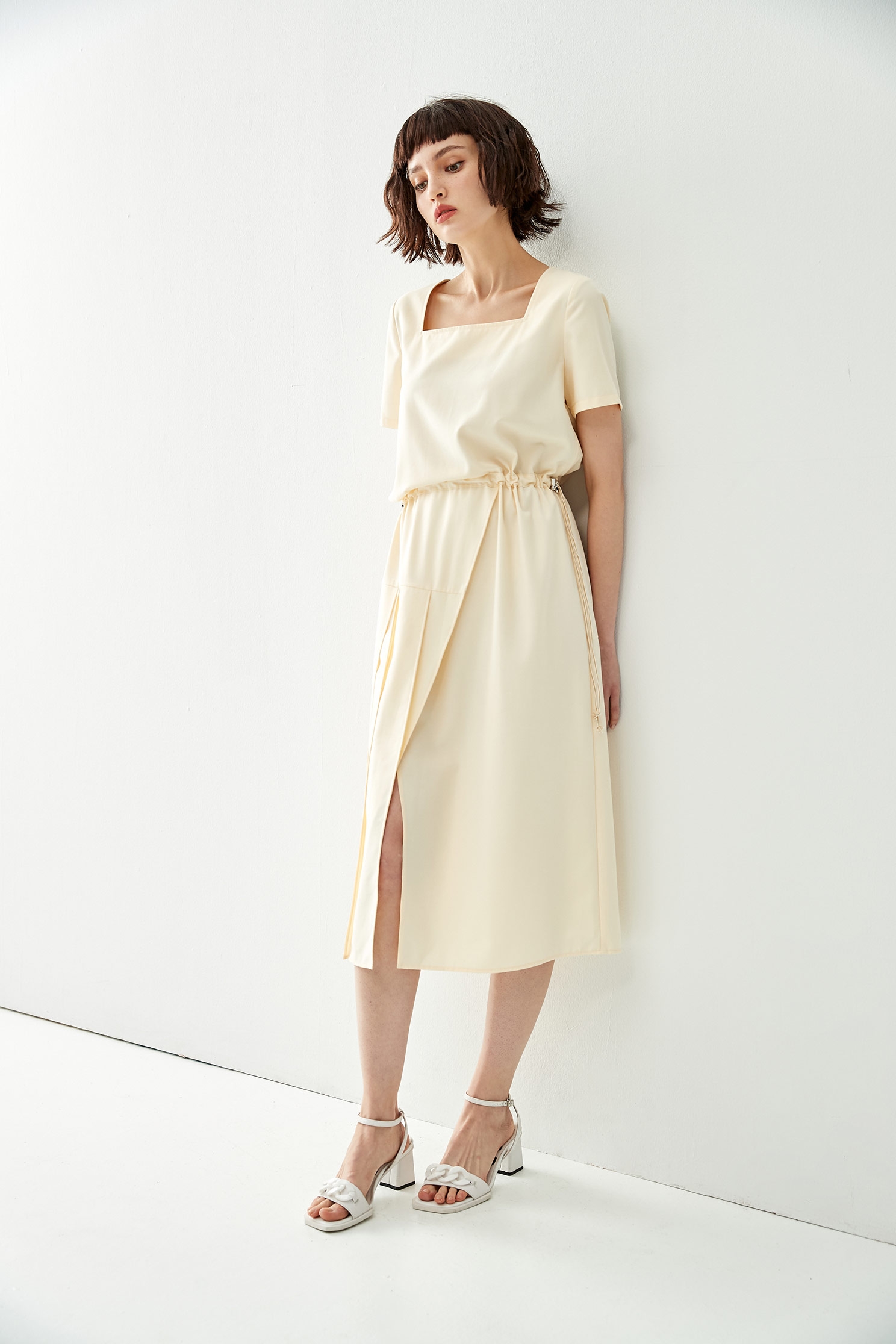 Basic Short Sleeve DressDress with asymmetrical waistline drawstring,Dresses,Season (SS) Look
