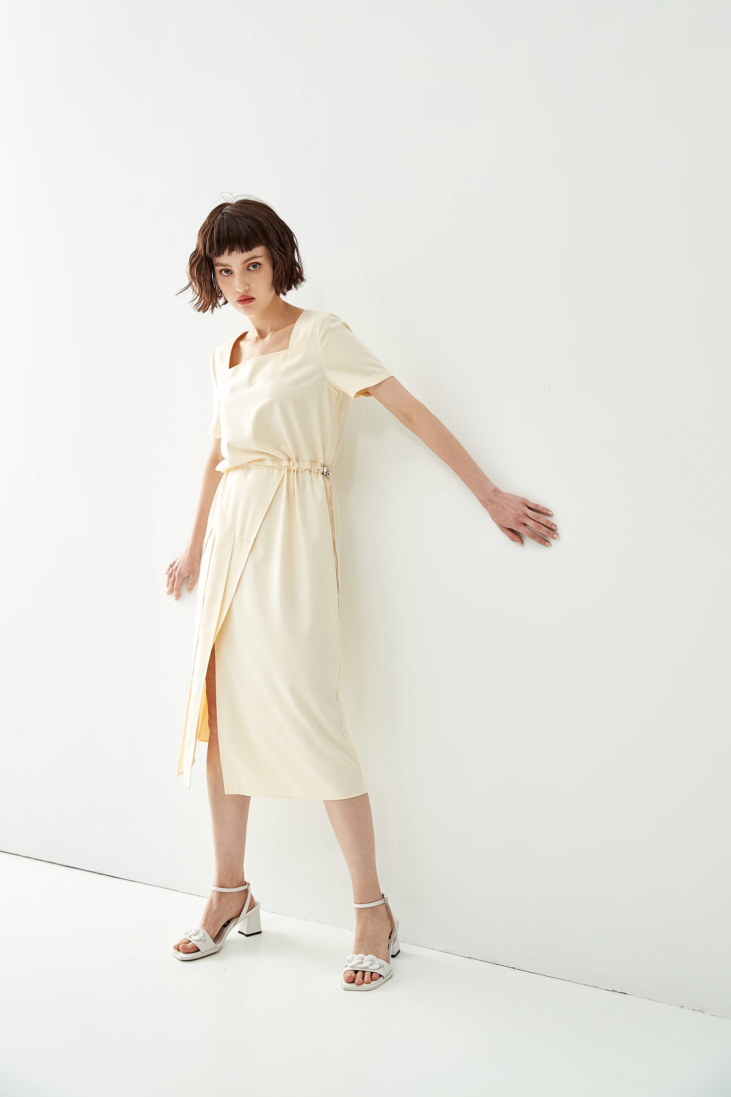 Basic Short Sleeve DressDress with asymmetrical waistline drawstring,Dresses,Season (SS) Look