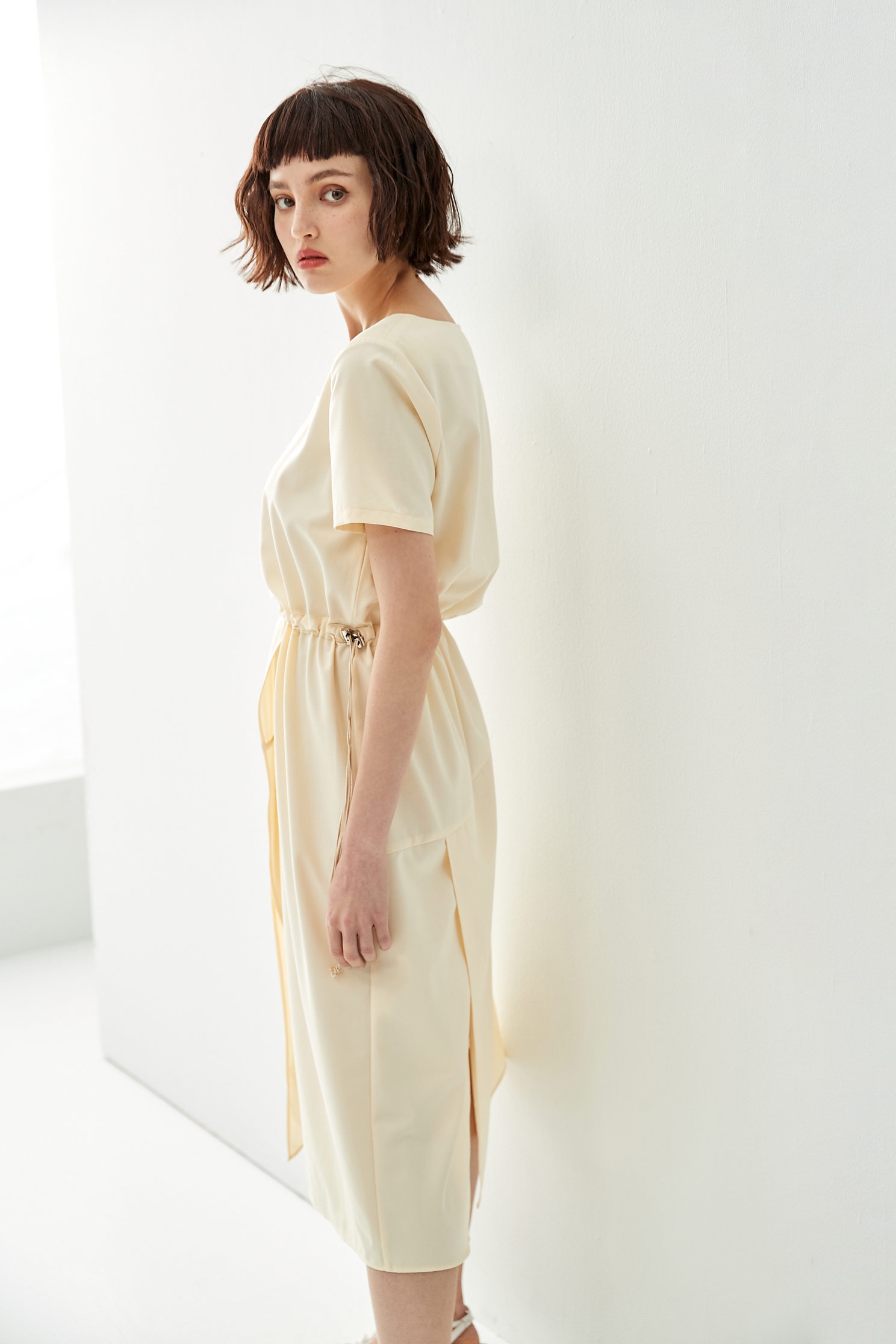 Basic Short Sleeve DressDress with asymmetrical waistline drawstring,Dresses,Season (SS) Look