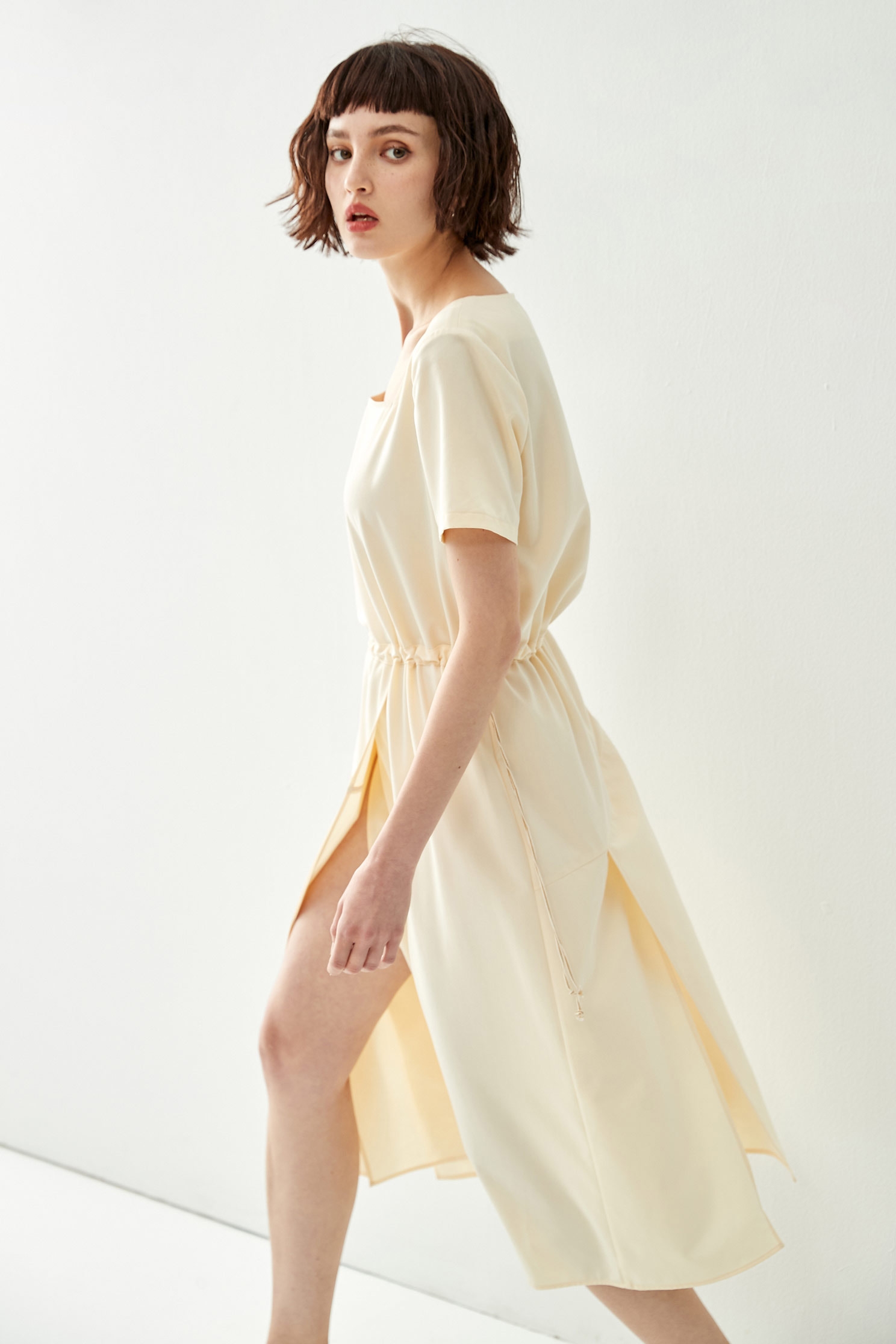 Basic Short Sleeve DressDress with asymmetrical waistline drawstring,Dresses,Season (SS) Look