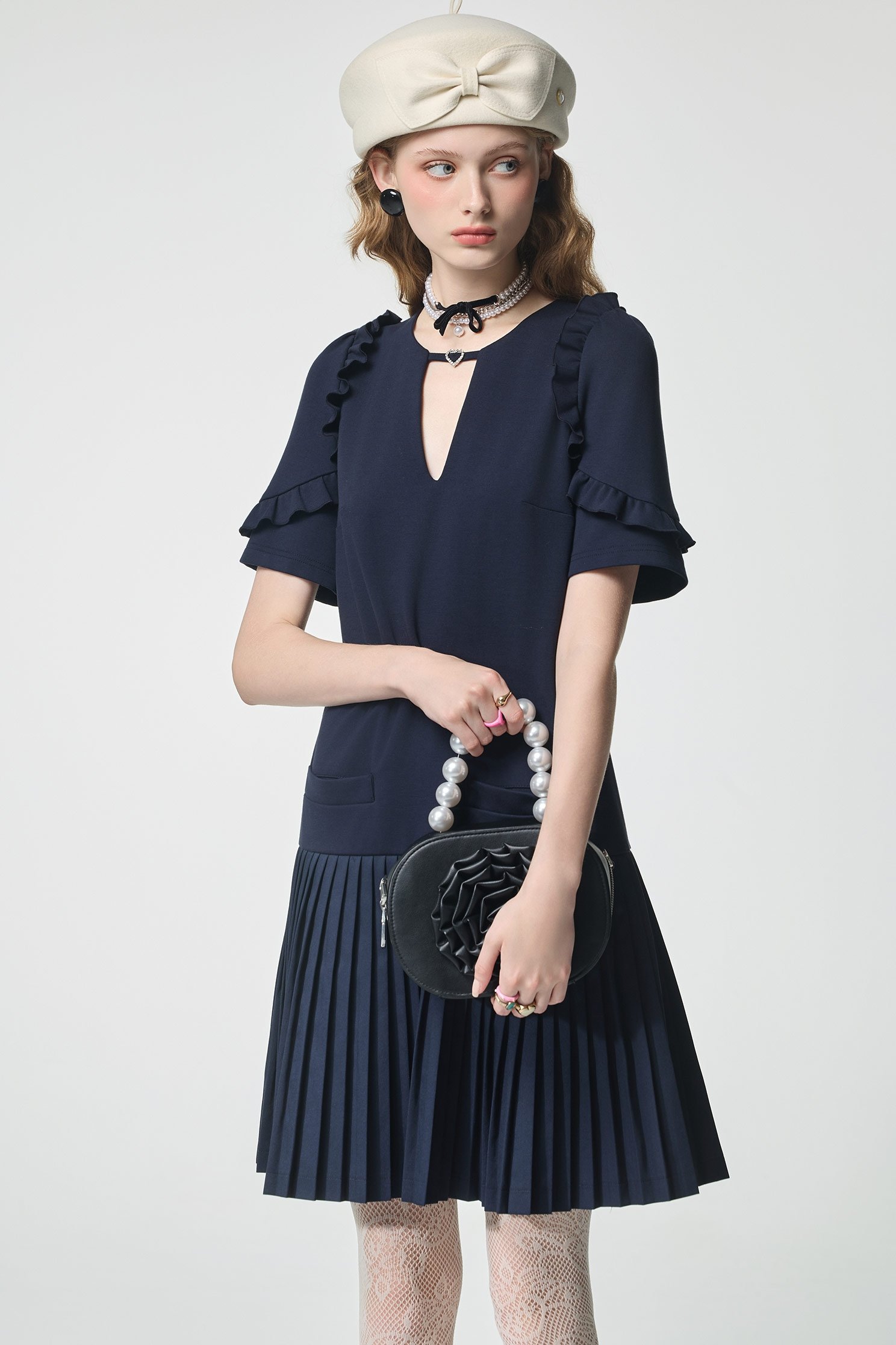 Navy Short Sleeve Ruffle Trim Detail DressNavy Short Sleeve Ruffle Trim Detail Dress,Dresses,Season (AW) Look