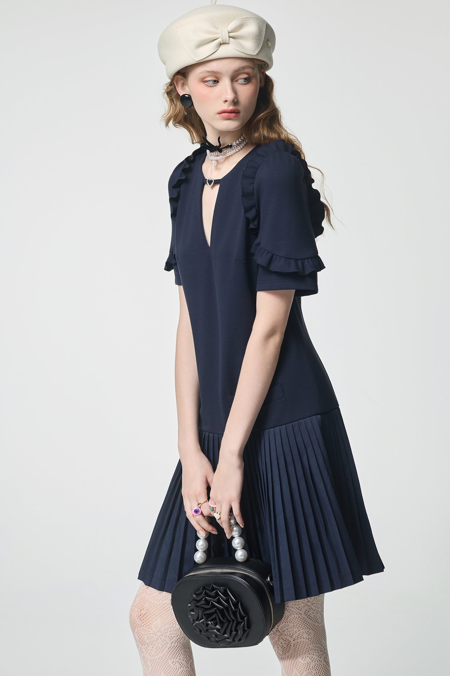 Navy Short Sleeve Ruffle Trim Detail DressNavy Short Sleeve Ruffle Trim Detail Dress,Dresses,Season (AW) Look