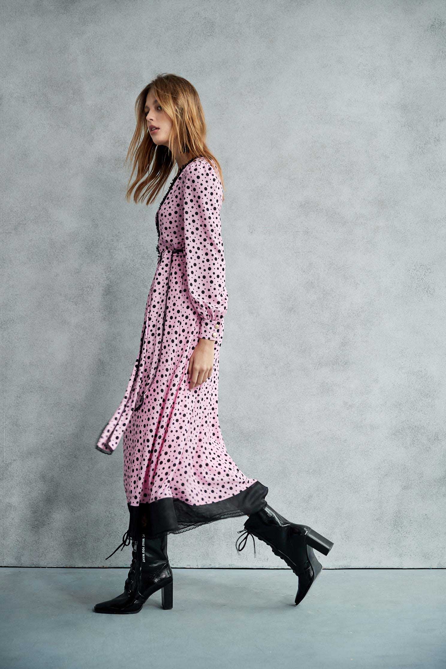 Black Polk Dot Pink Maxi DressLoose-fitting dotted long dress with belt,Dresses,Printed dresses,mothergift,dotcollection,Season (AW) Look,Belts,Lace,dresses,Maxi dresses