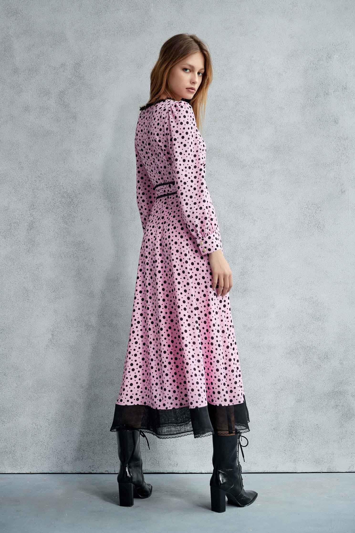 Black Polk Dot Pink Maxi DressLoose-fitting dotted long dress with belt,Dresses,Printed dresses,mothergift,dotcollection,Season (AW) Look,Belts,Lace,dresses,Maxi dresses