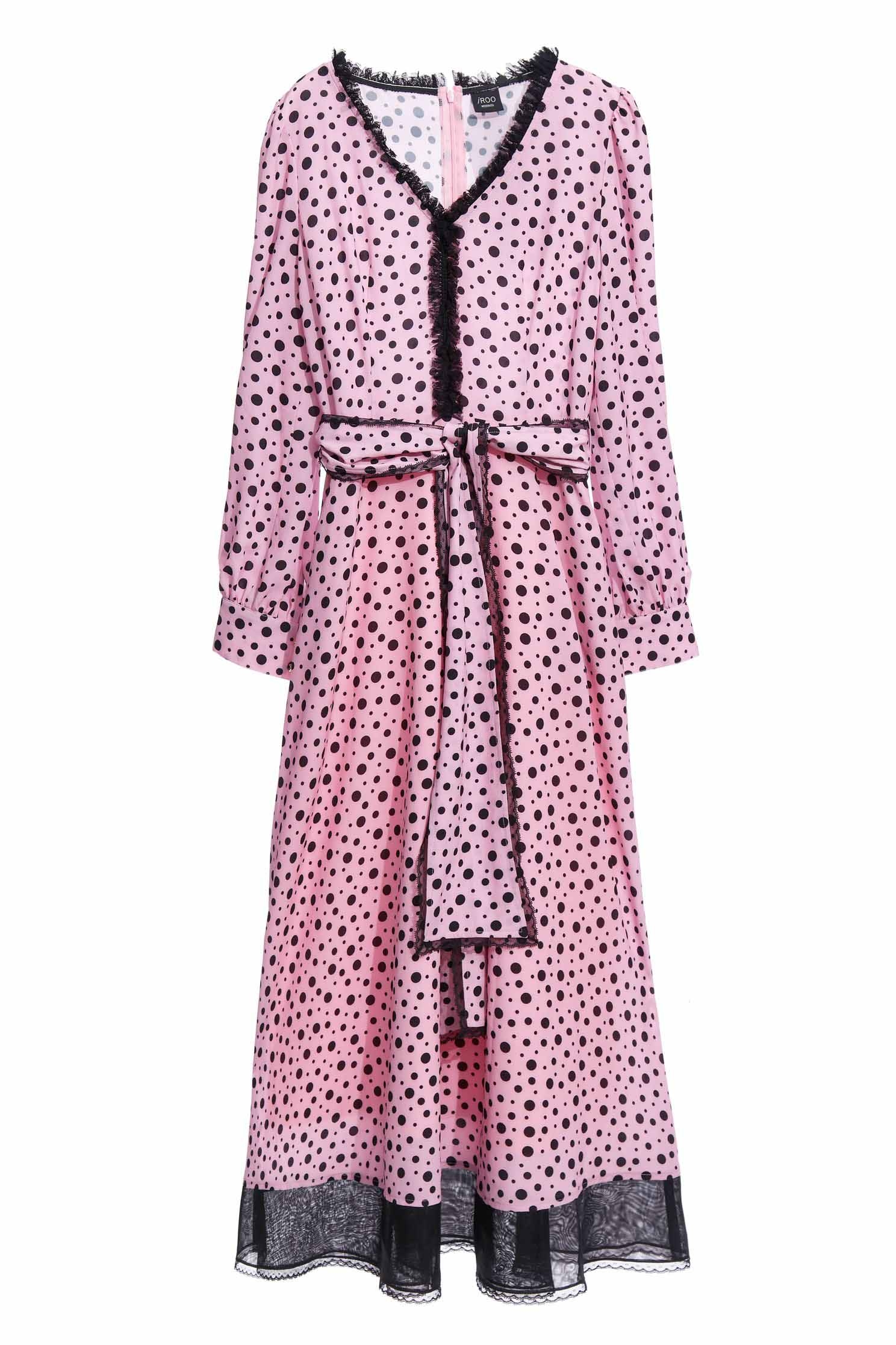 Black Polk Dot Pink Maxi DressLoose-fitting dotted long dress with belt,Dresses,Printed dresses,mothergift,dotcollection,Season (AW) Look,Belts,Lace,dresses,Maxi dresses
