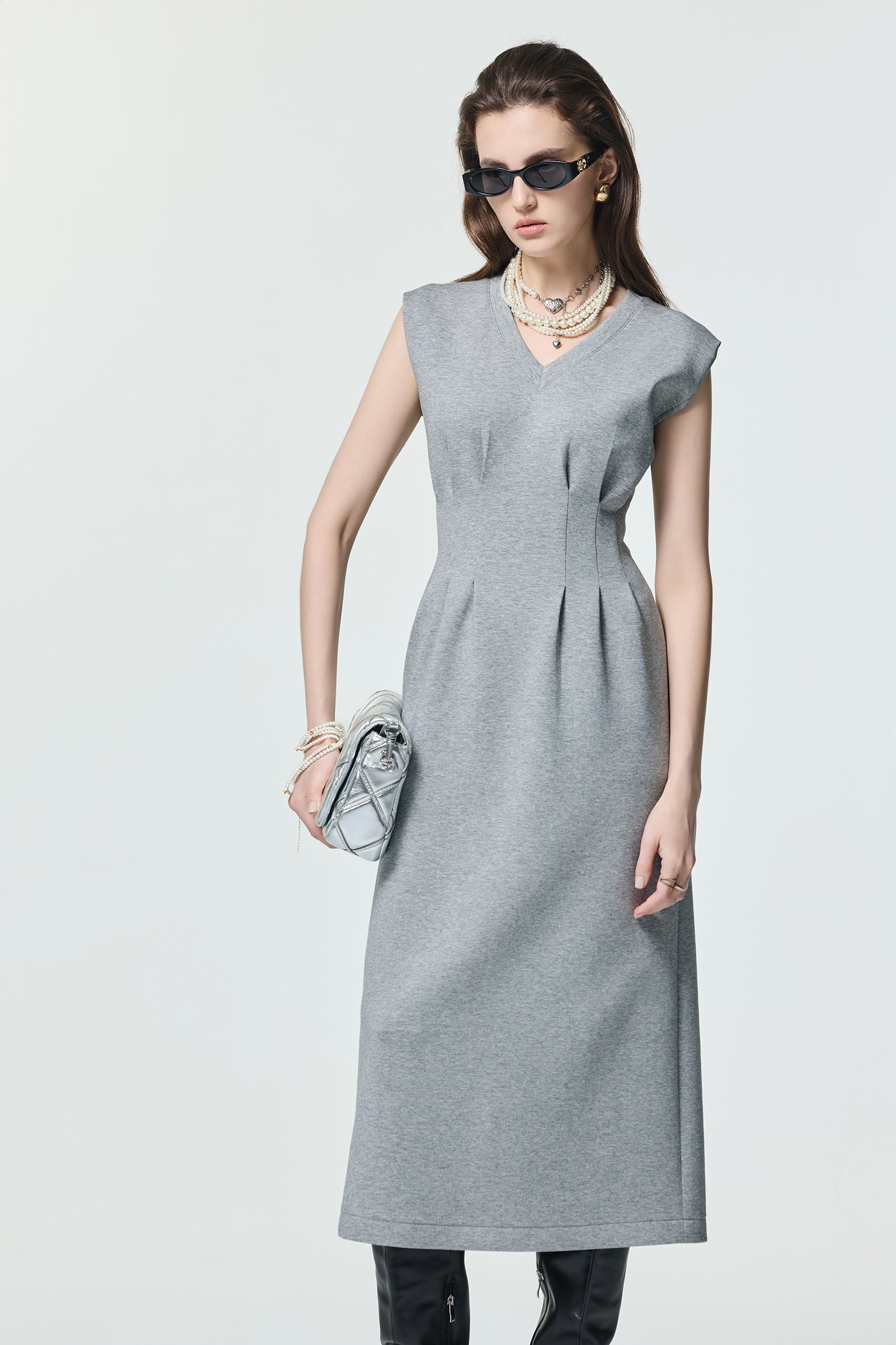 V-neck Grey Sleeveless Maxi DressV-neck Grey Sleeveless Maxi Dress,Dresses,Season (AW) Look