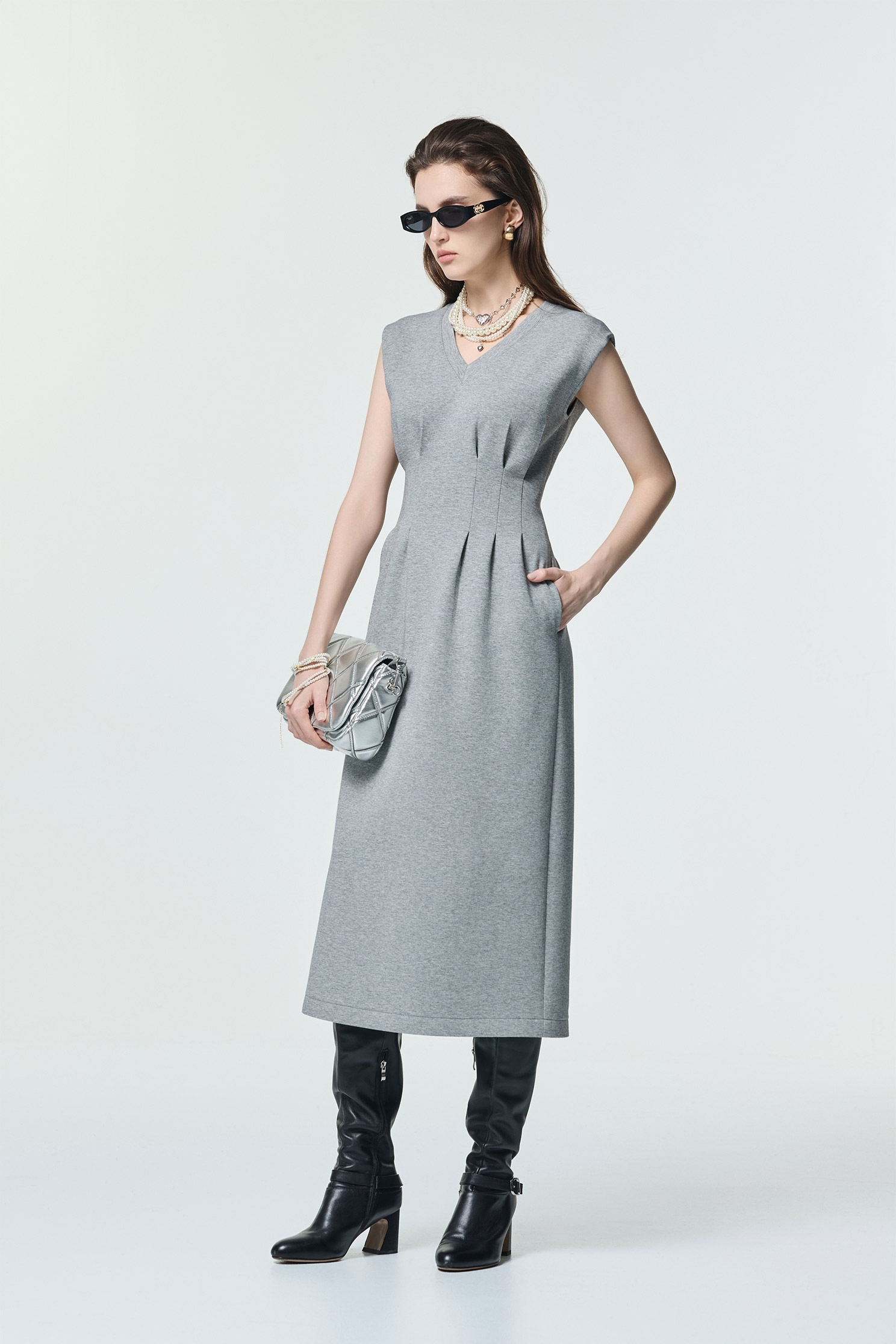 V-neck Grey Sleeveless Maxi DressV-neck Grey Sleeveless Maxi Dress,Dresses,Season (AW) Look