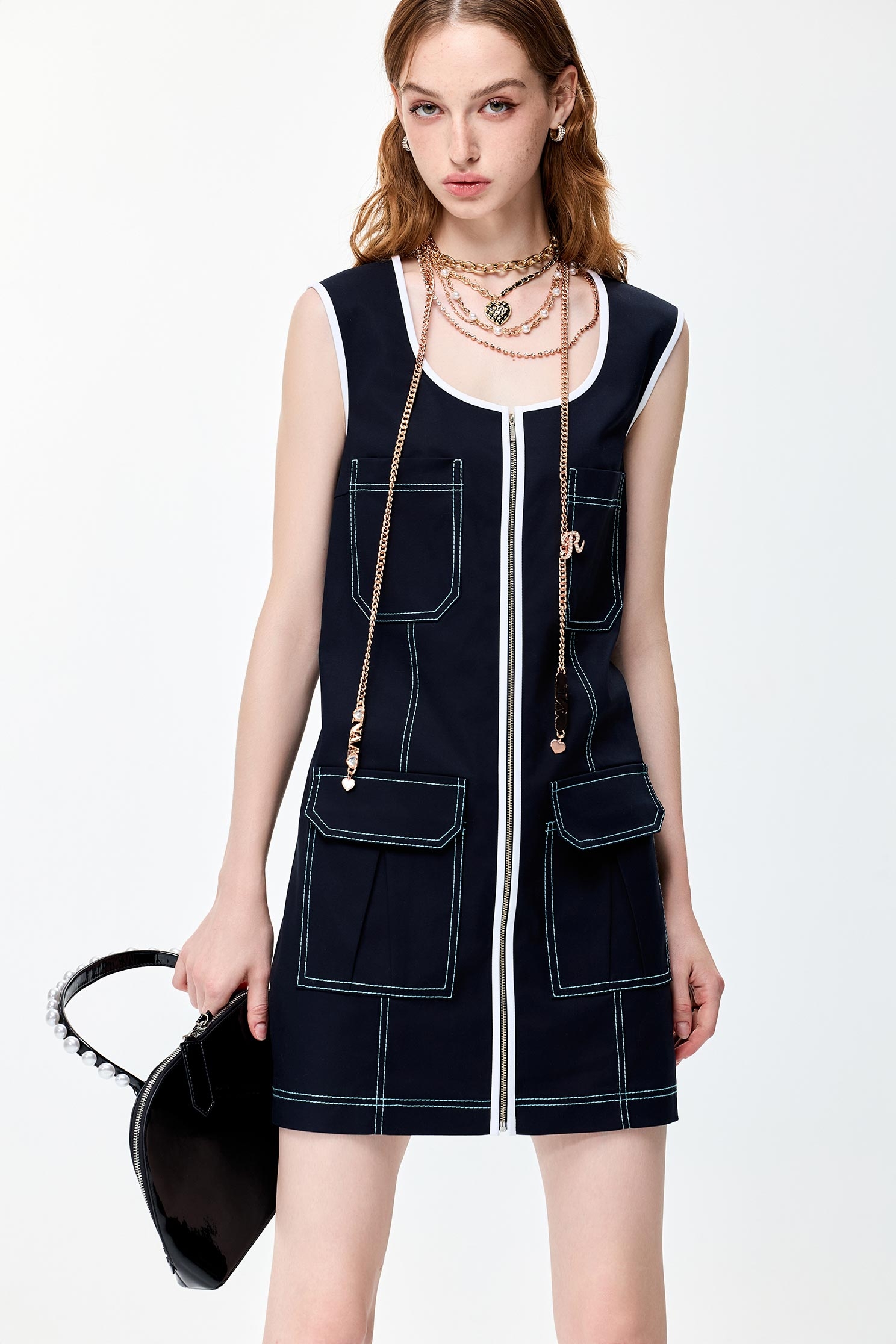 Contrast Detail Sleeveless DressContrast Detail Sleeveless Dress,U-neck dresses,Season (SS) Look