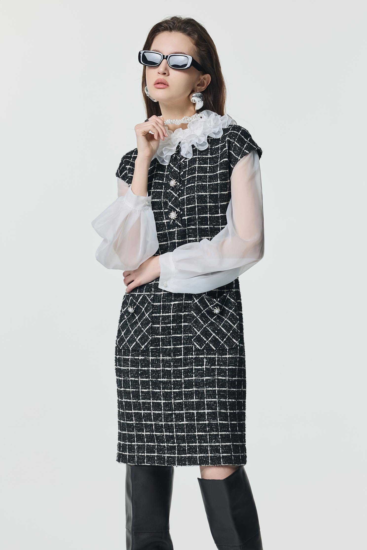 Classic Checkered Fake Two Piece DressClassic Checkered Fake Two Piece Dress,Dresses,Season (SS) Look,pearl,Knitted