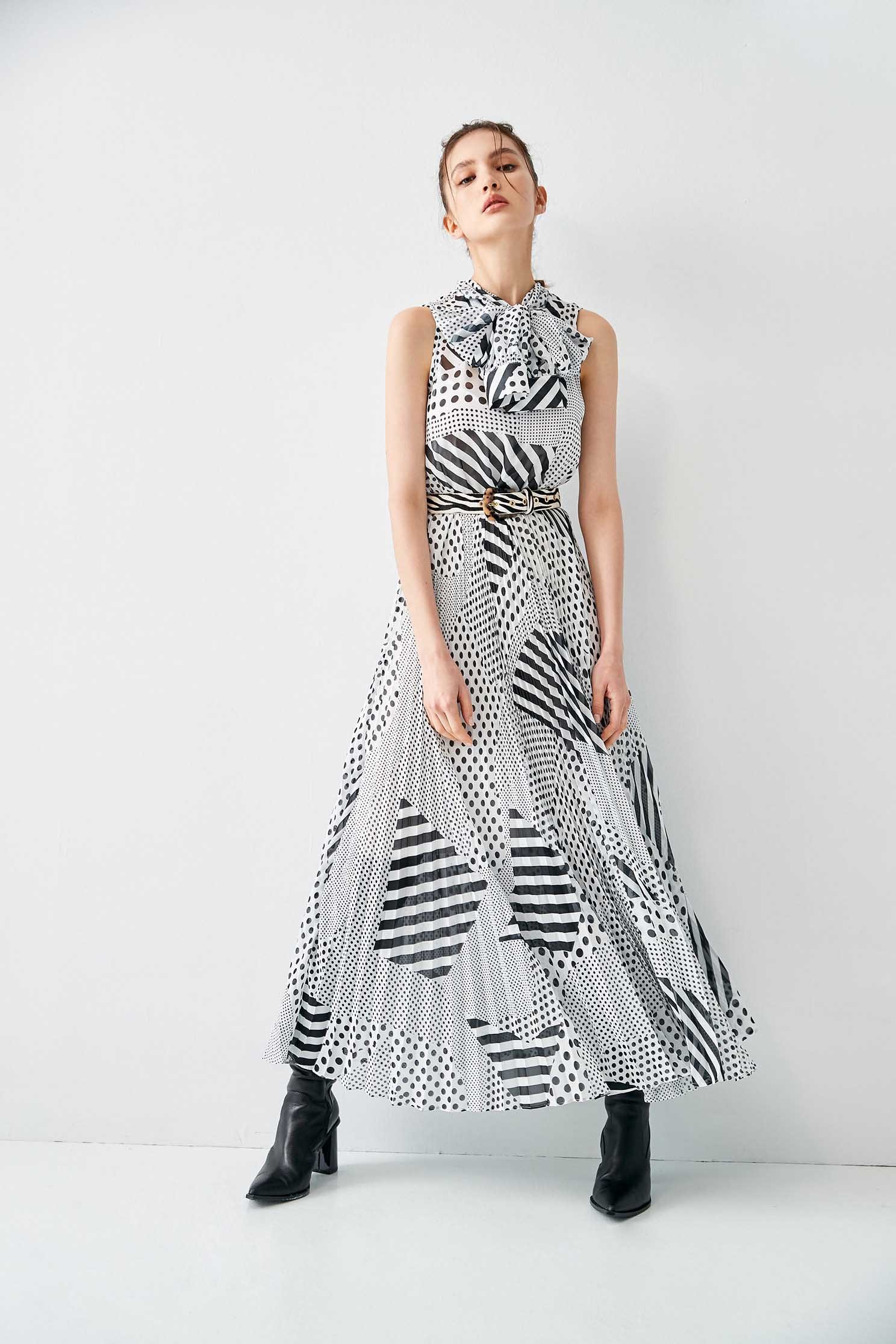 Contrast Dotted With Stripe Printed DressBlack and white dot chiffon long dress,Dresses,Printed dresses,Chiffon dresses,Season (SS) Look,mothergift,dotcollection,White dresses,iROO LIVE,sleeveless tops,Cutwork details dresses,dresses,Long sleeve dresses,Chiffon,Chiffon dresses