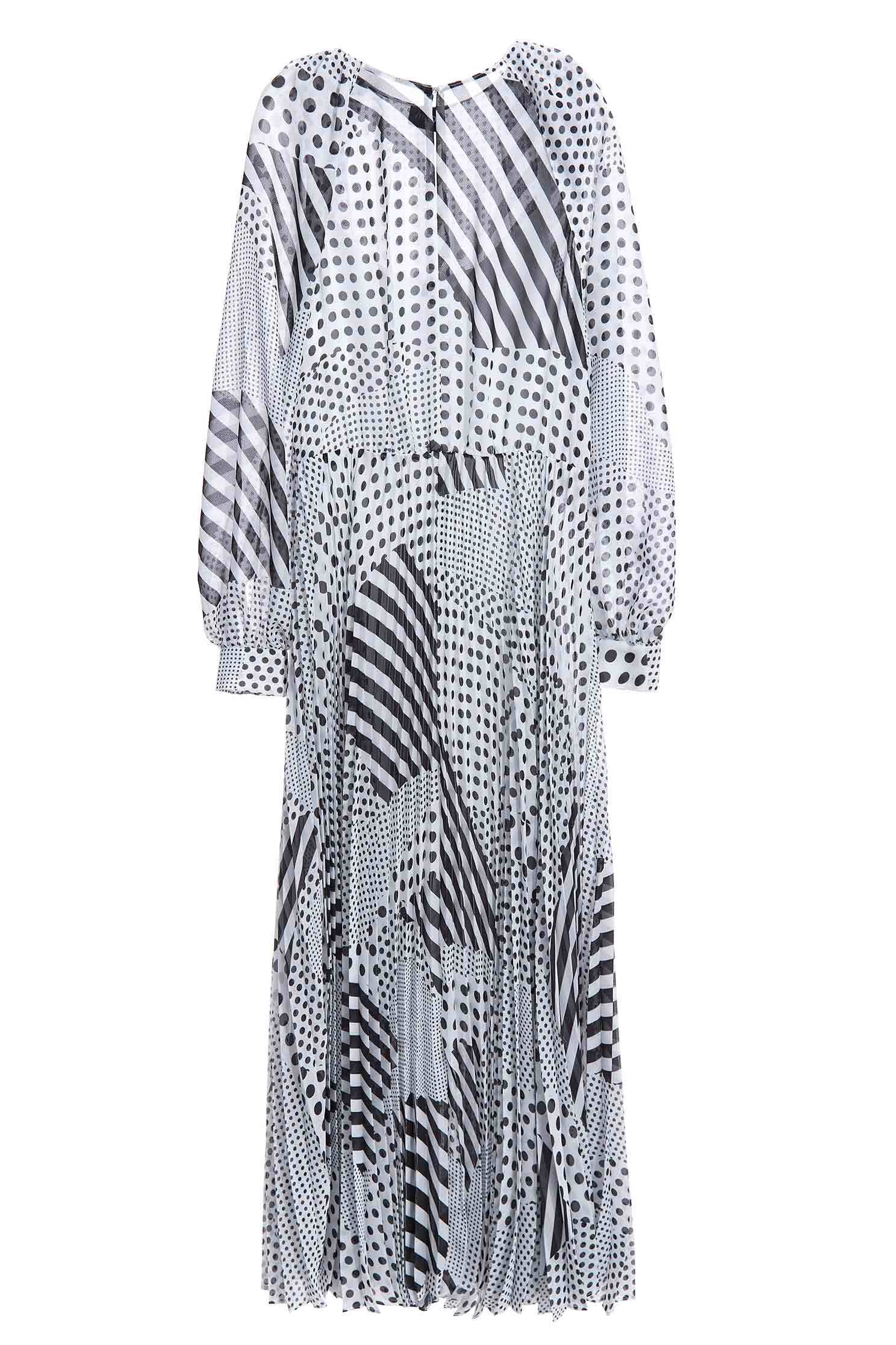 Contrast Dotted With Stripe Printed DressBlack and white dot chiffon long dress,Dresses,Printed dresses,Chiffon dresses,Season (SS) Look,mothergift,dotcollection,White dresses,iROO LIVE,sleeveless tops,Cutwork details dresses,dresses,Long sleeve dresses,Chiffon,Chiffon dresses