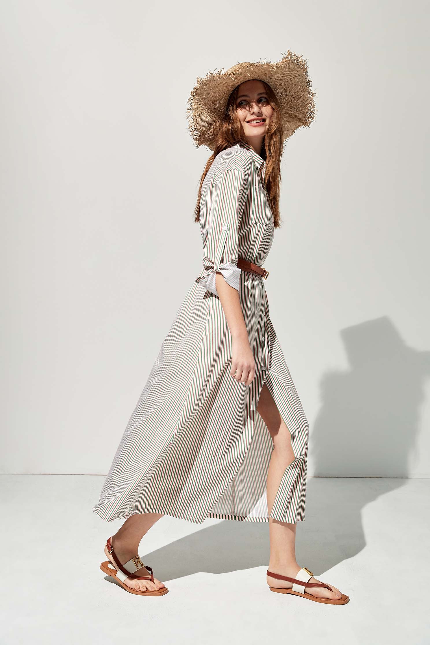 Red & Green Pinstripe Shirt DressColored striped shirt long dress,Dresses,Queen,Season (SS) Look,Stripe,iROO LIVE,Belts,Blouses,Maxi dresses,Long shirts