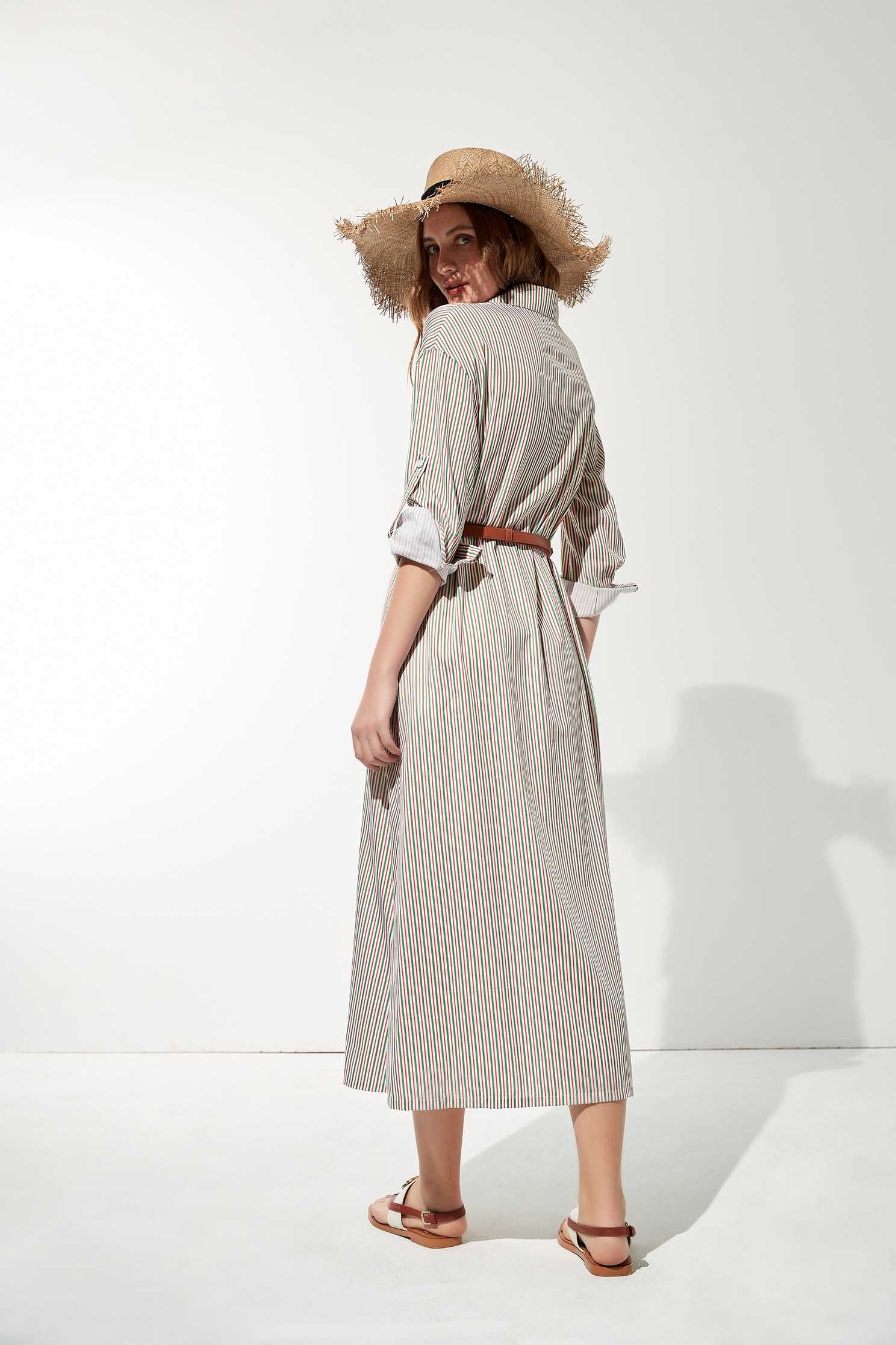 Red & Green Pinstripe Shirt DressColored striped shirt long dress,Dresses,Queen,Season (SS) Look,Stripe,iROO LIVE,Belts,Blouses,Maxi dresses,Long shirts